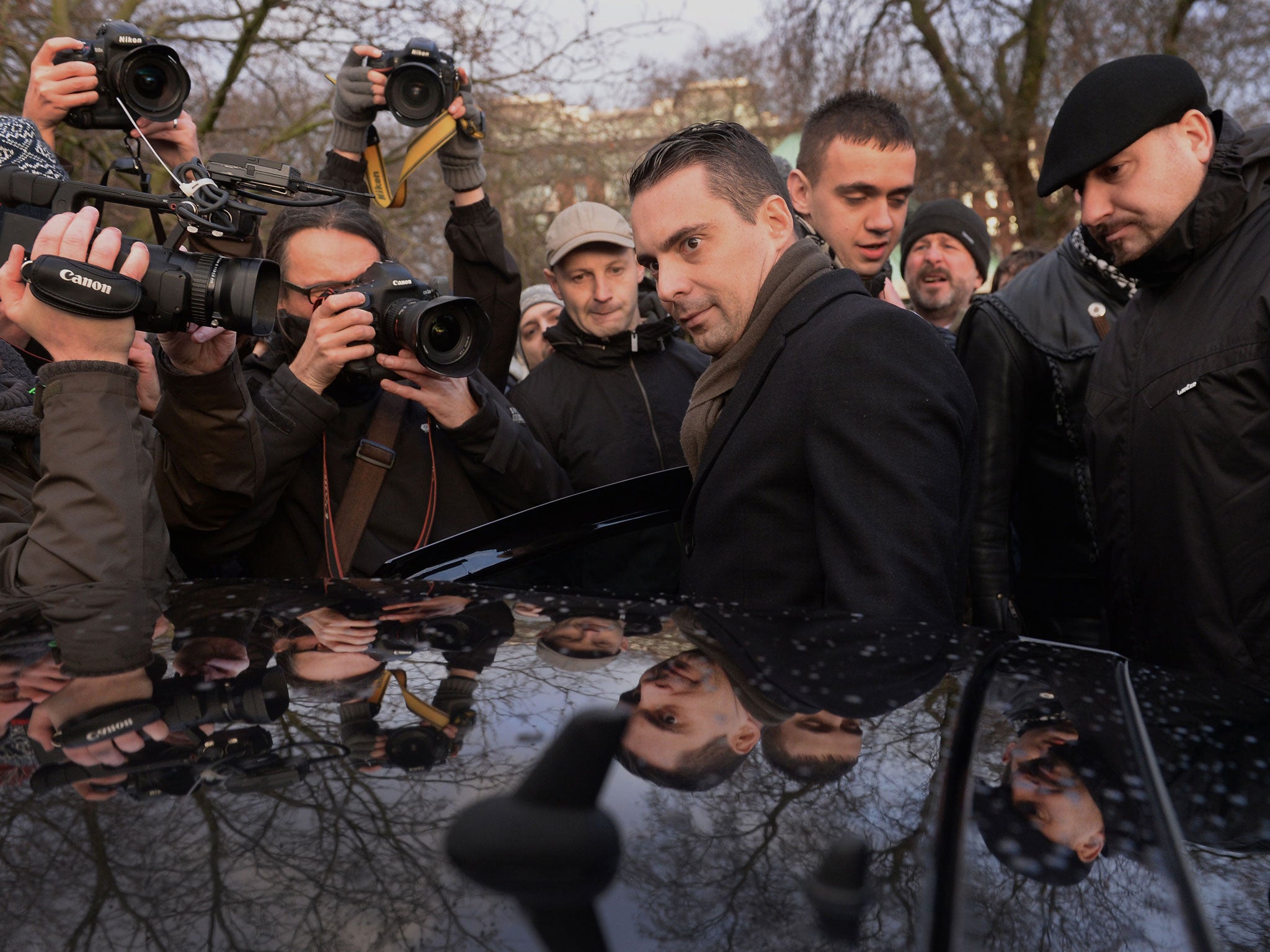 Gabor Vona (centre) the leader of the far-right Hungarian Jobbik Party, addressed supporters at Speakers' Corner in London's Hyde Park