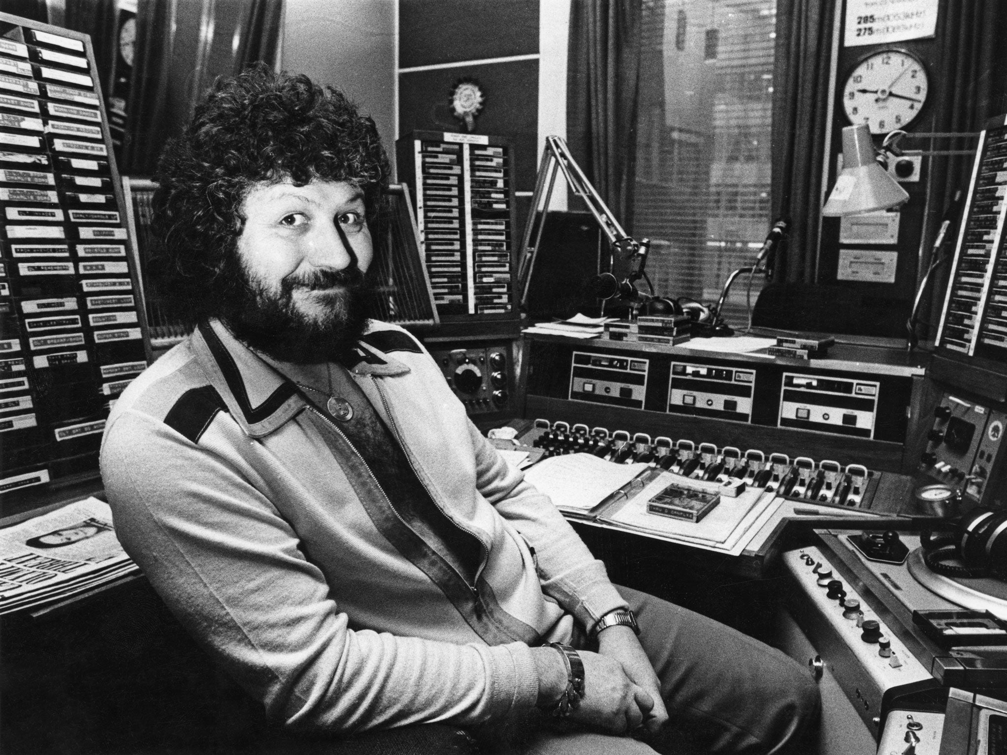 Former BBC Radio 1 presenter Dave Lee Travis in his studio at Broadcasting House, London, 14 January 1980.