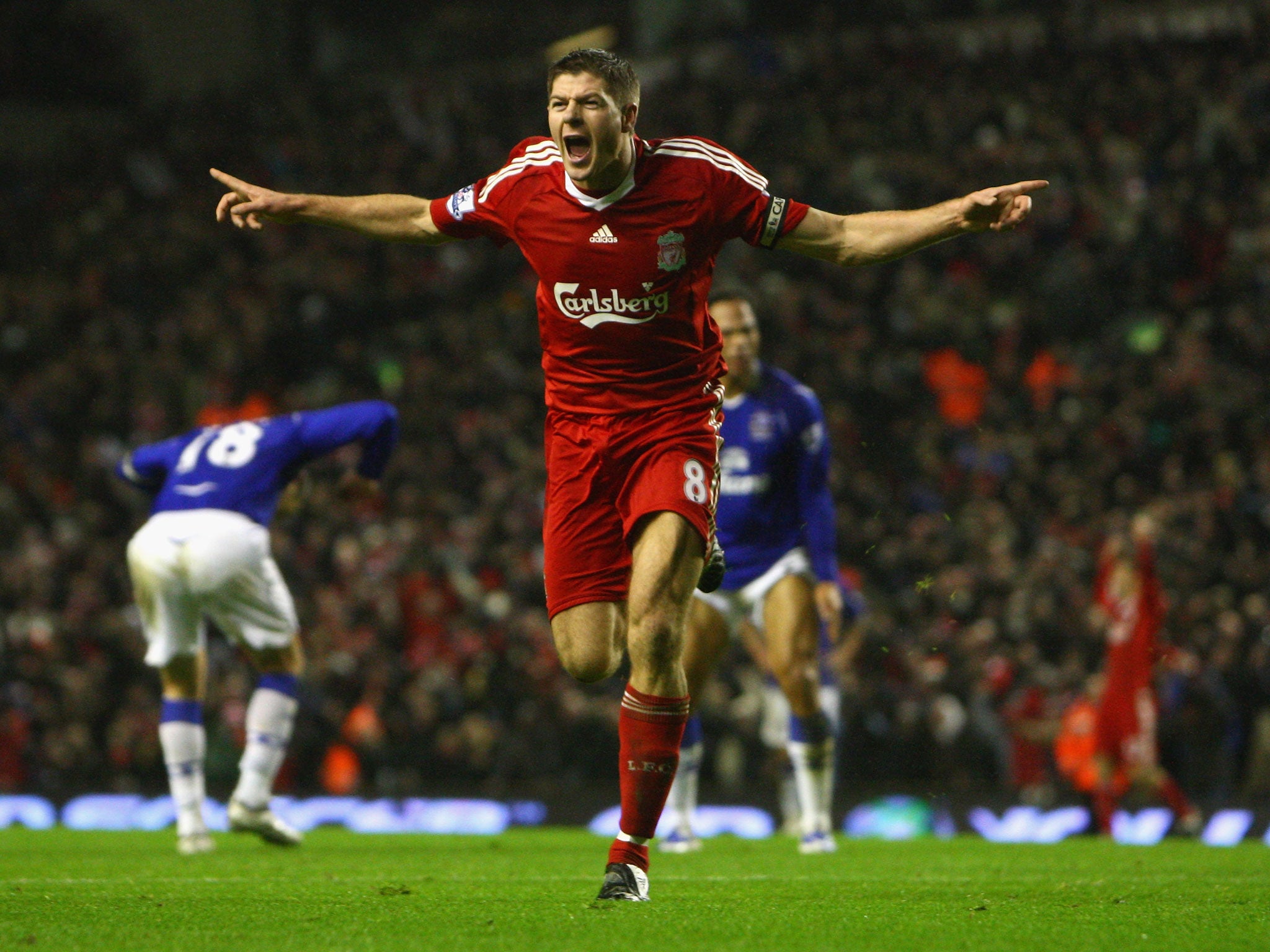 Liverpool captain Steven Gerrard celebrates opening the scoring in the Merseyside derby at Anfield back in 2009