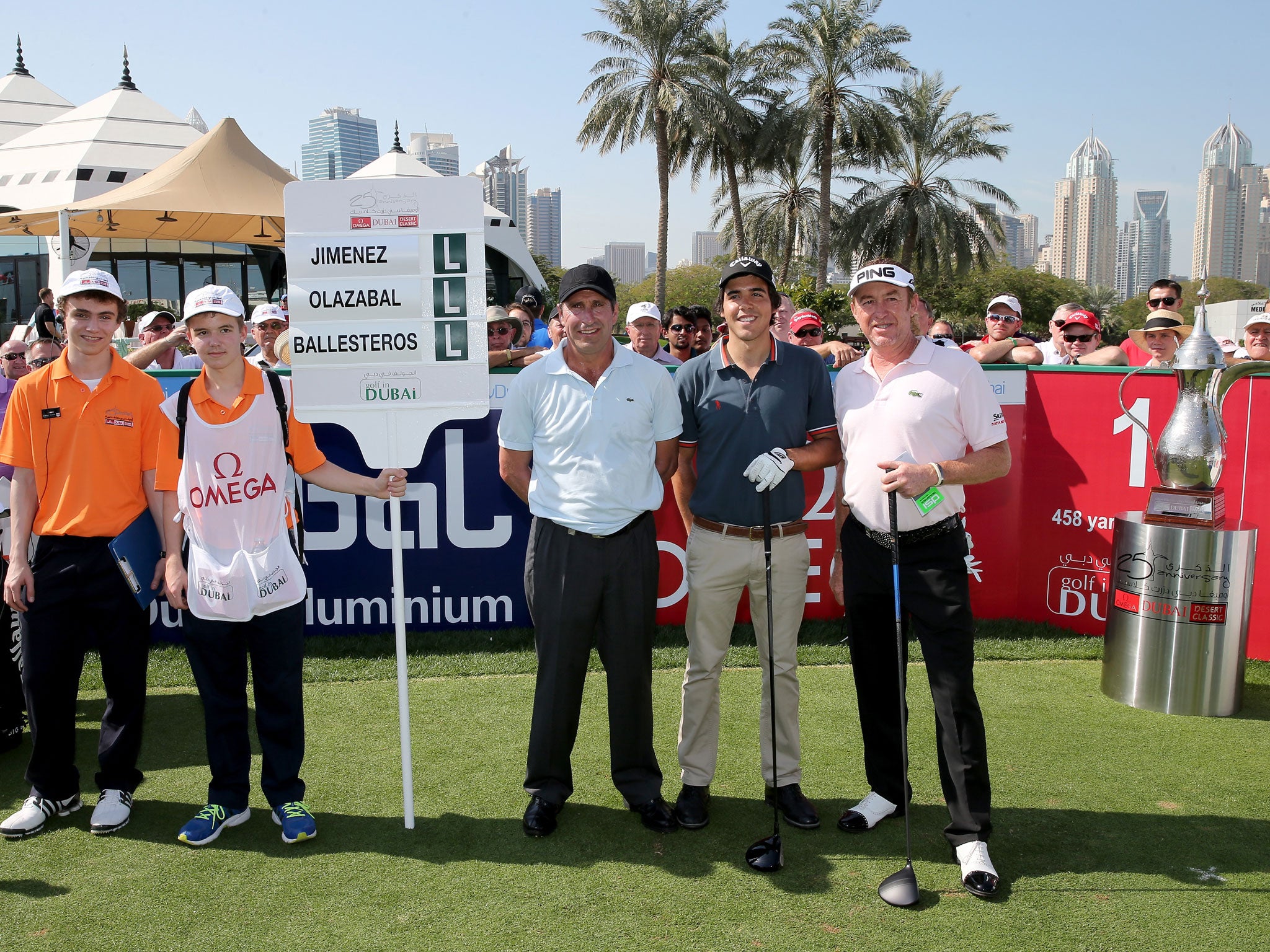 Jose-Maria Olazabal, Javier Ballesteros and Miguel Angel Jimenez pose for a picture before teeing-off at the Dubai Desert Classic