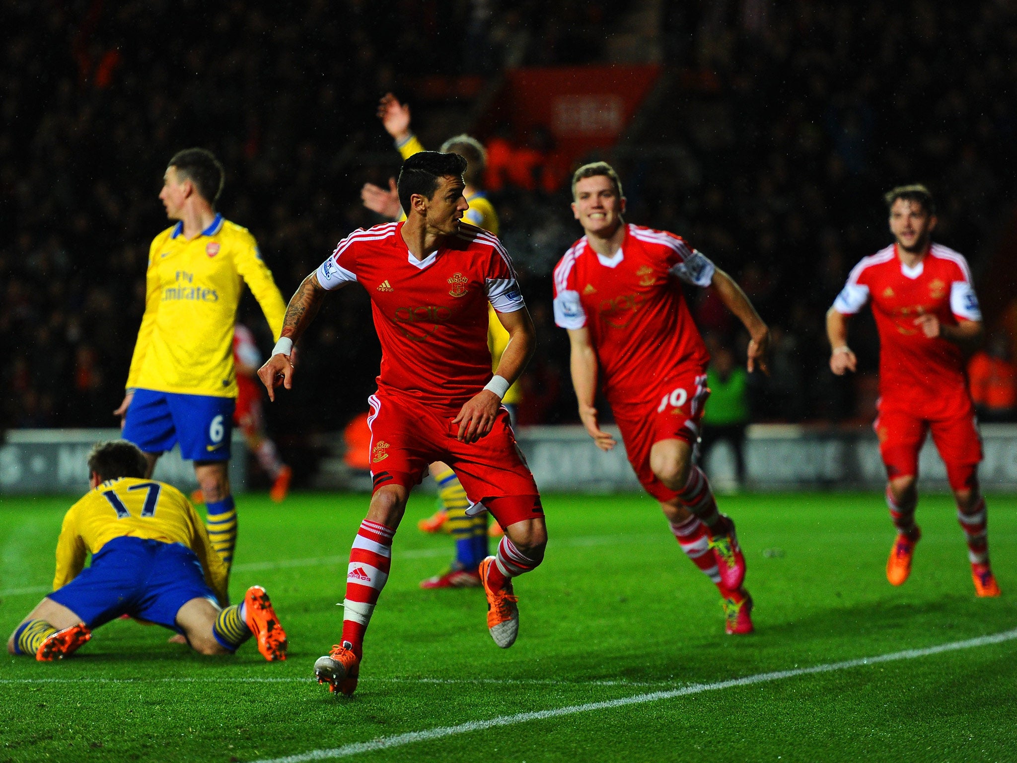 Jose Fonte of Southampton turns to celebrate scoring the opening goal