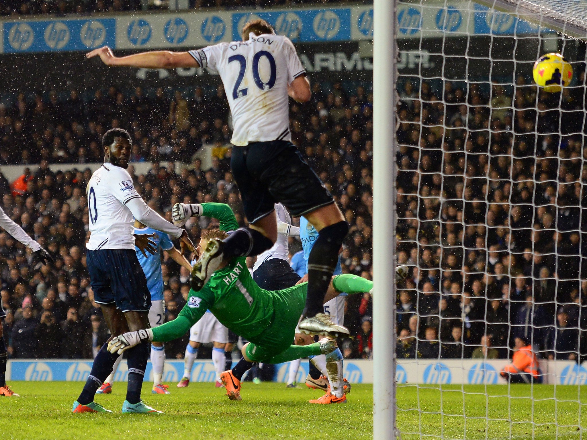 Michael Dawson of Tottenham Hotspur scores a goal only to be disallowed for offside