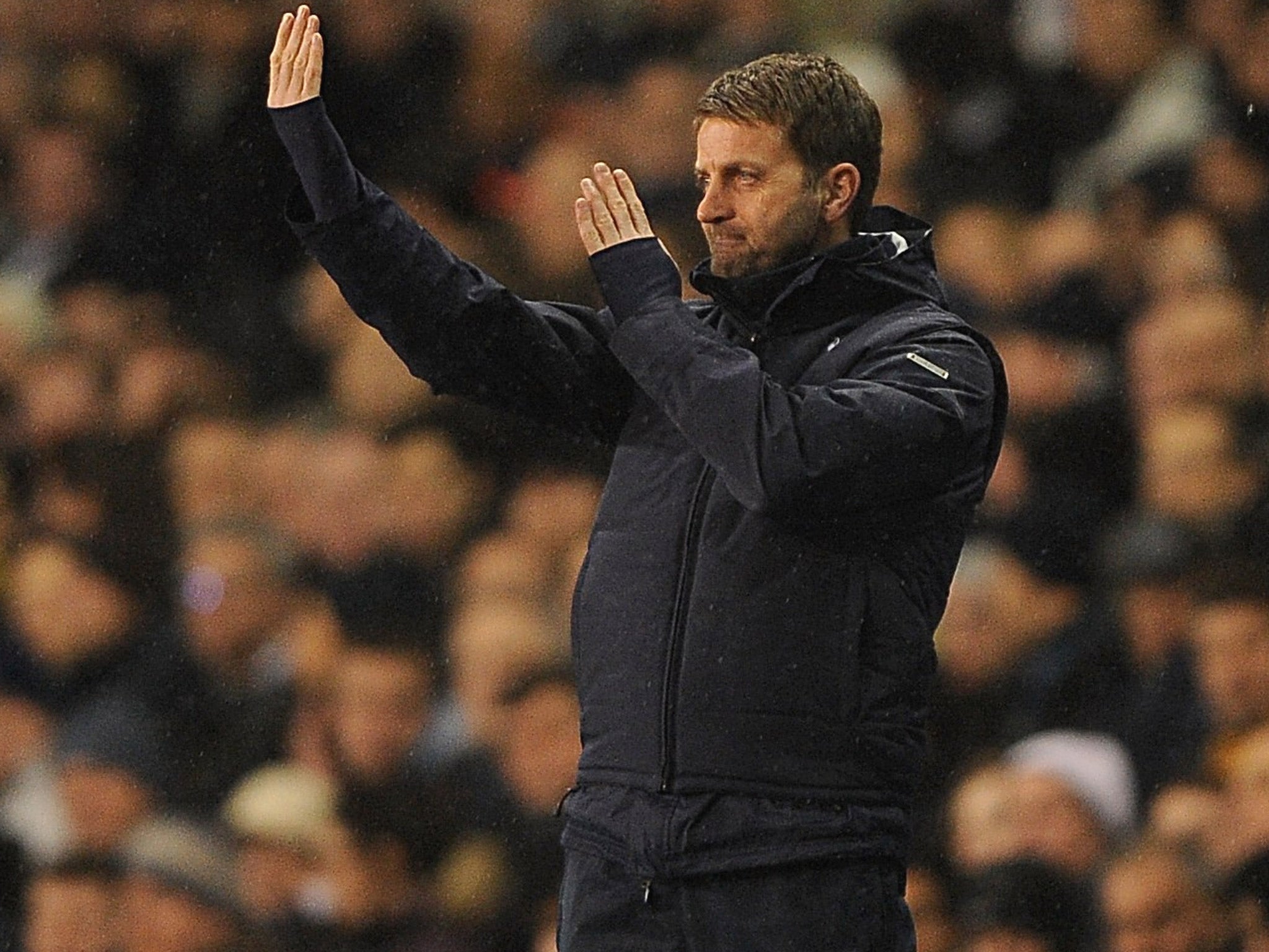 Tim Sherwood gestures instructions to his players during Tottenham's game with Manchester City