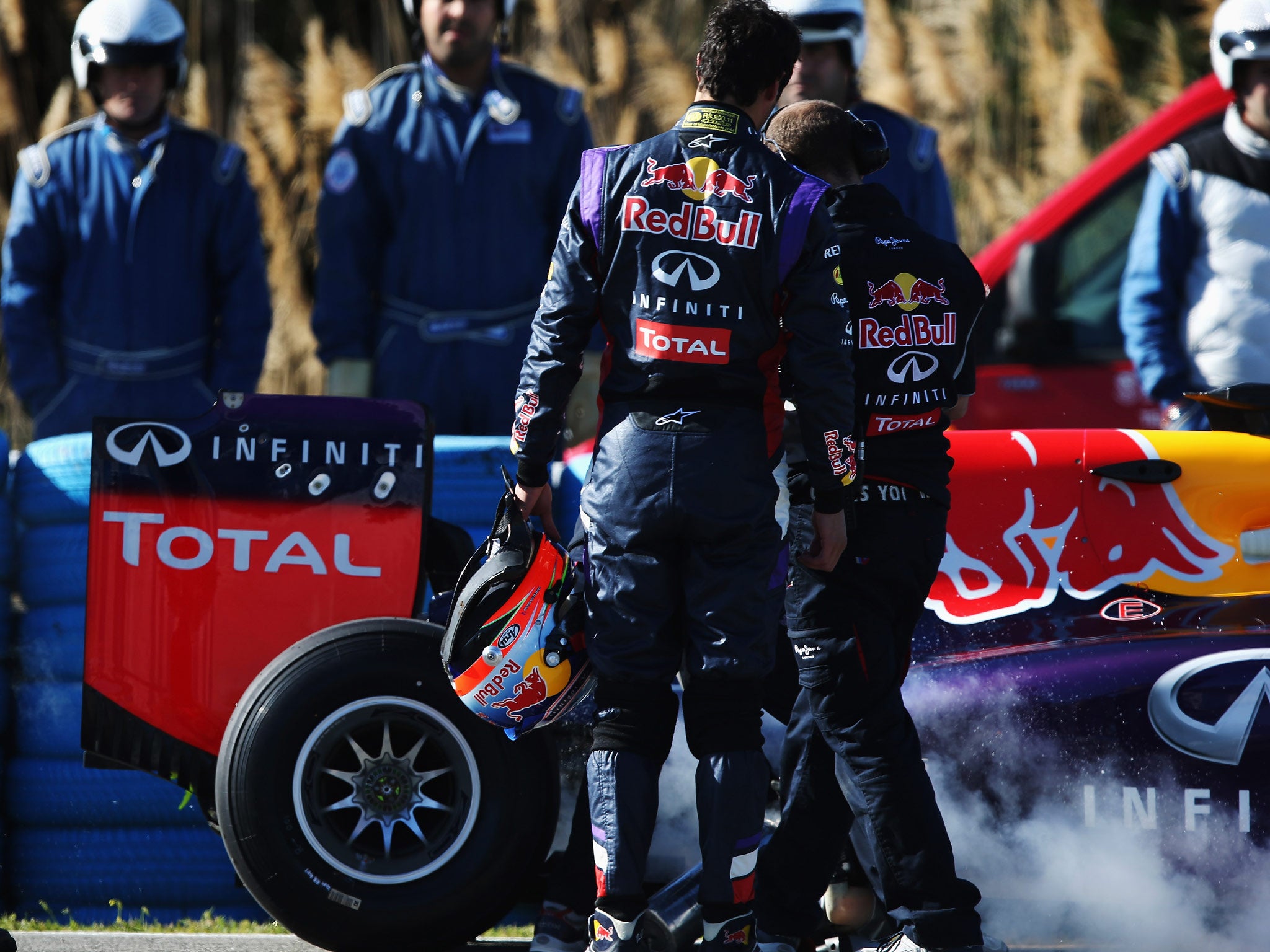 Daniel Ricciardo of Australia and Infiniti Red Bull Racing has a car breakdown on his installation lap in Jerez