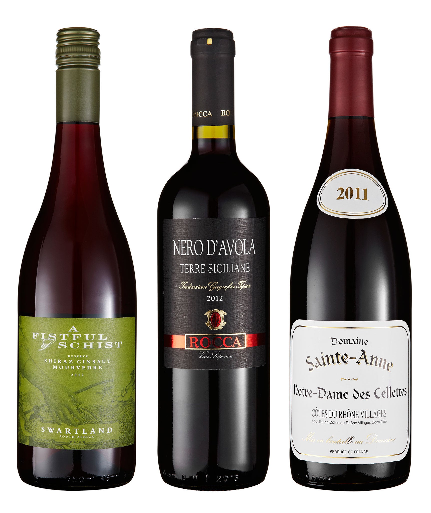 A Fistful of Schist, Coastal 2012; Nero d'Avola Terre Sicilian 2012; Domaine Sainte Anne Notre Dame des Cellettes 2011