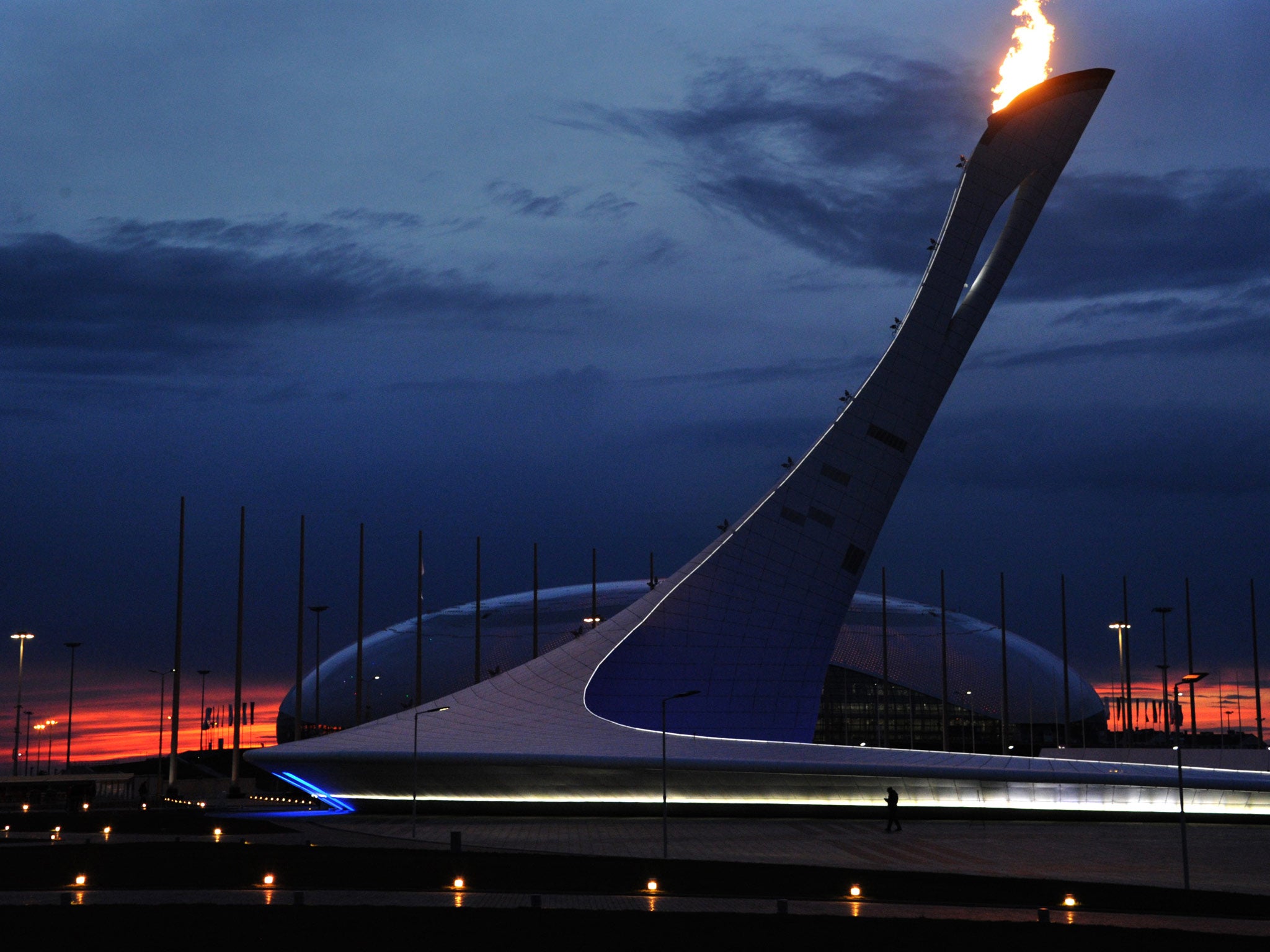 The Olympic cauldron is tested with the Bolshoy ice dome