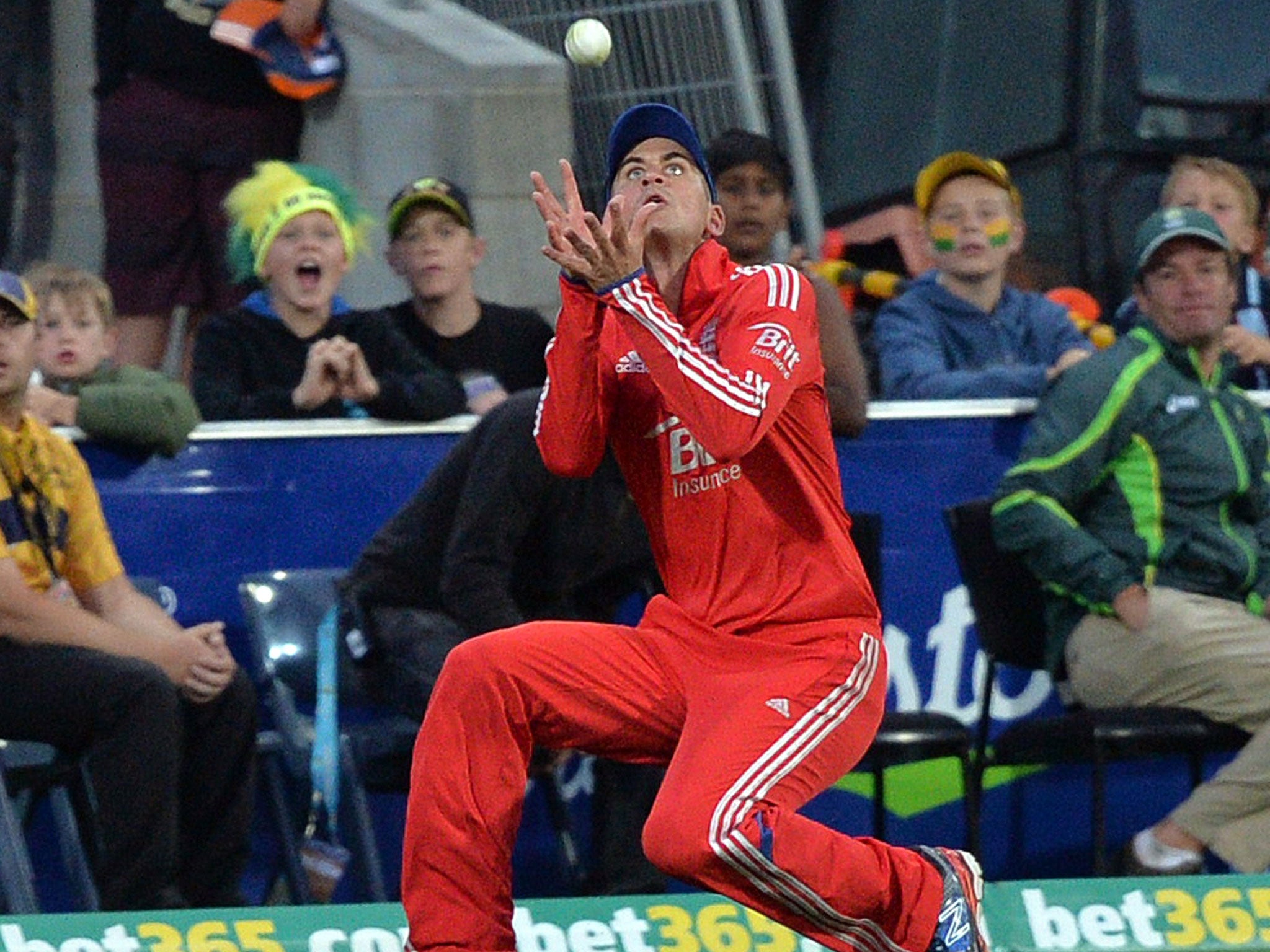 Alex Hales takes a catch during the first Twenty20 match against Australia, which England lost by 13 runs