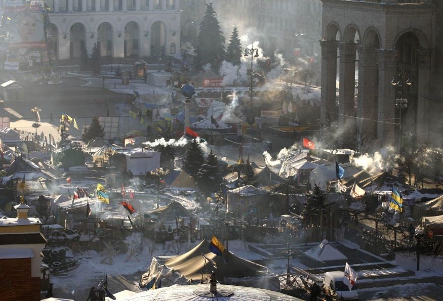 Tents of anti-government protesters in Independence Square in central Kiev. Demonstrations have been going on for two months