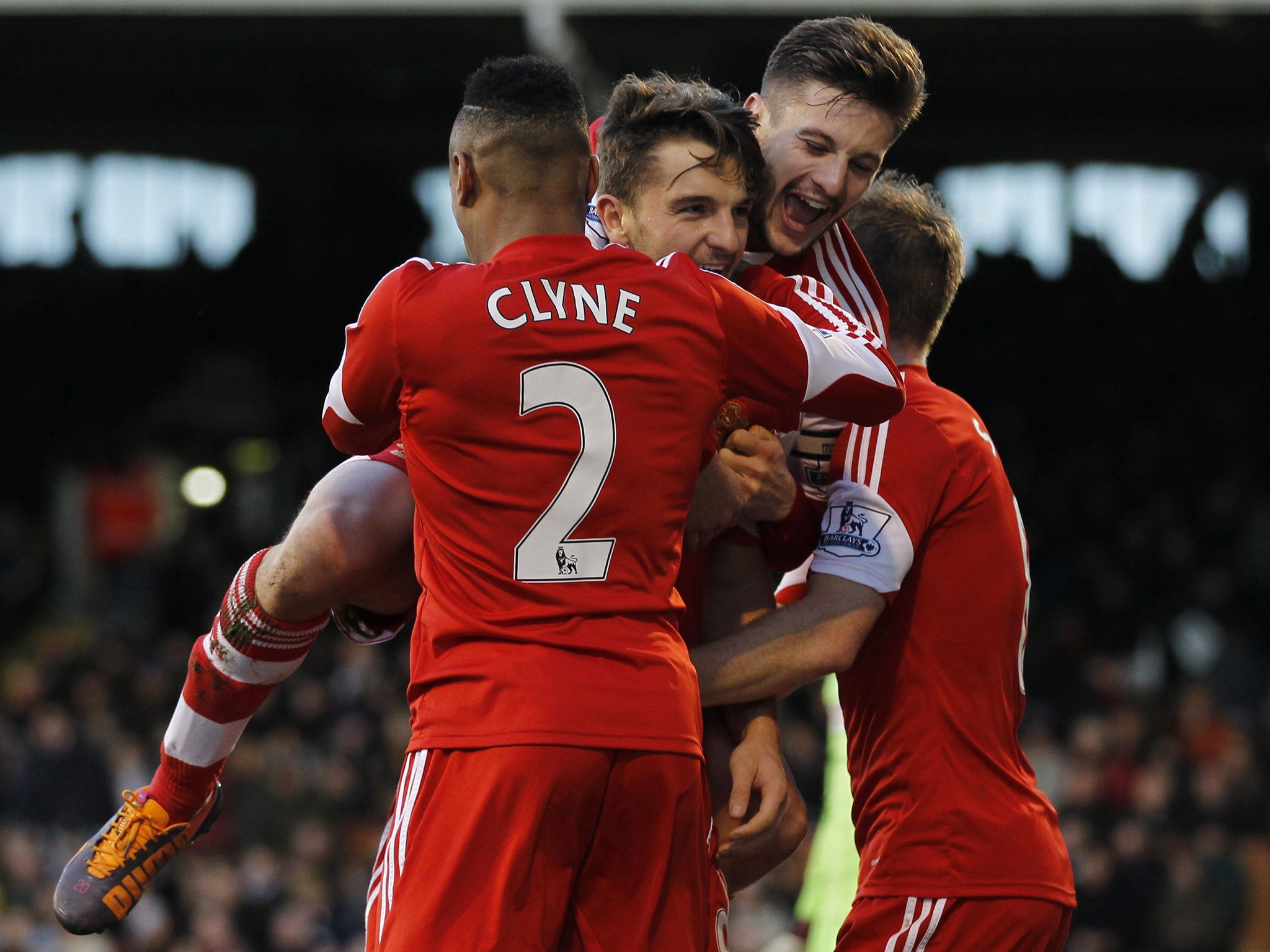 Southampton players celebrate after Jay Rodriguez scores