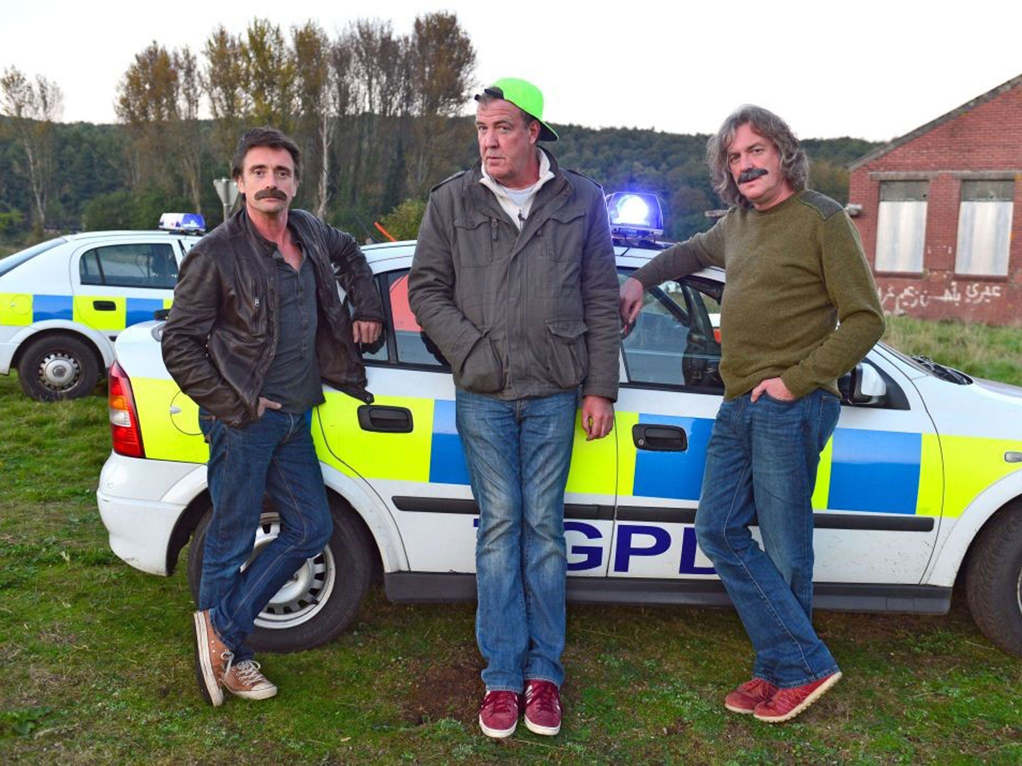 3 men in a car: Presenters Richard Hammond, Jeremy Clarkson, and James May