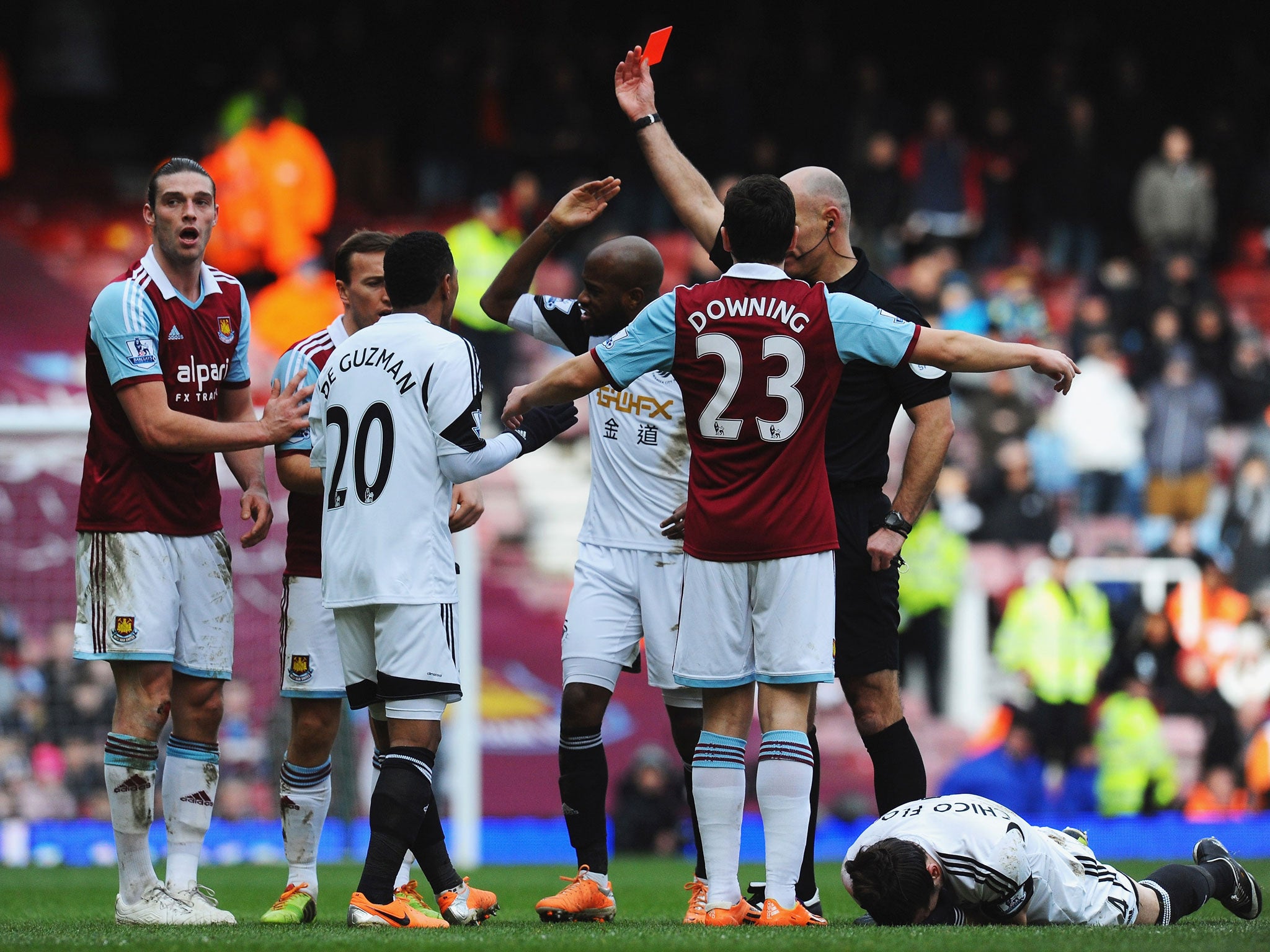 West Ham striker Andy Carroll is sent off against Swansea