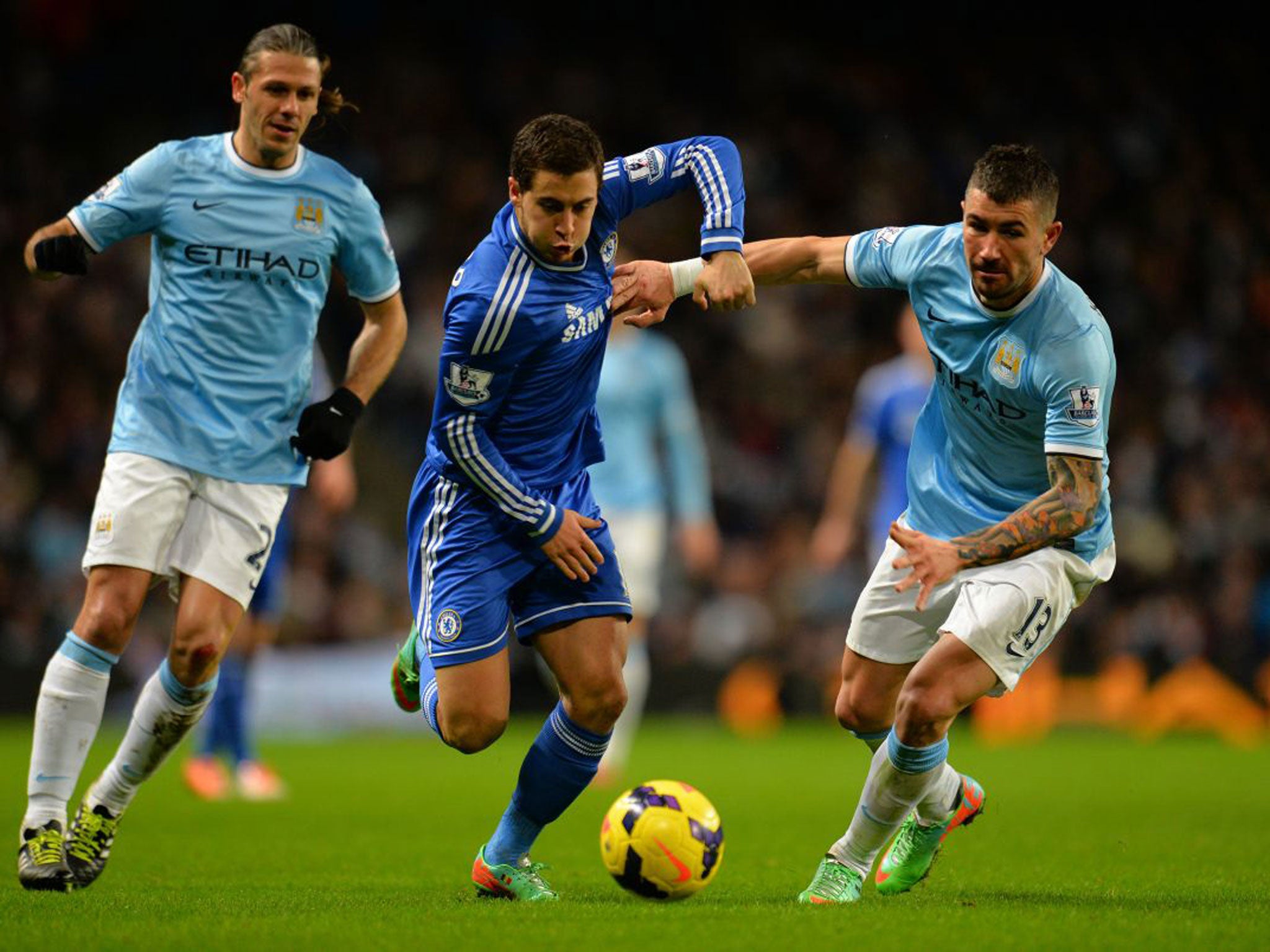 Aleksandar Kolarov (right) : Preferred to Gaël Clichy and powered one cross into box but forced back into own half. Wasted speculative chances from distance after break. 5/10