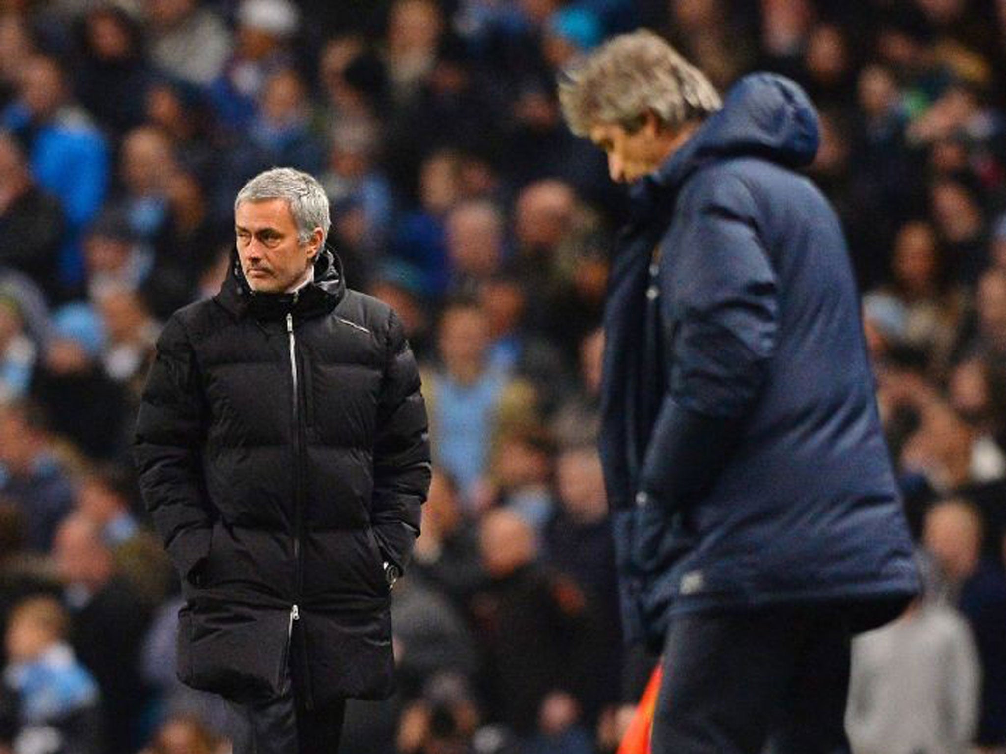 Joe Mourinho (left) got his tactics at the Etihad Stadium spot on while Manuel Pellegrini suffered a setback