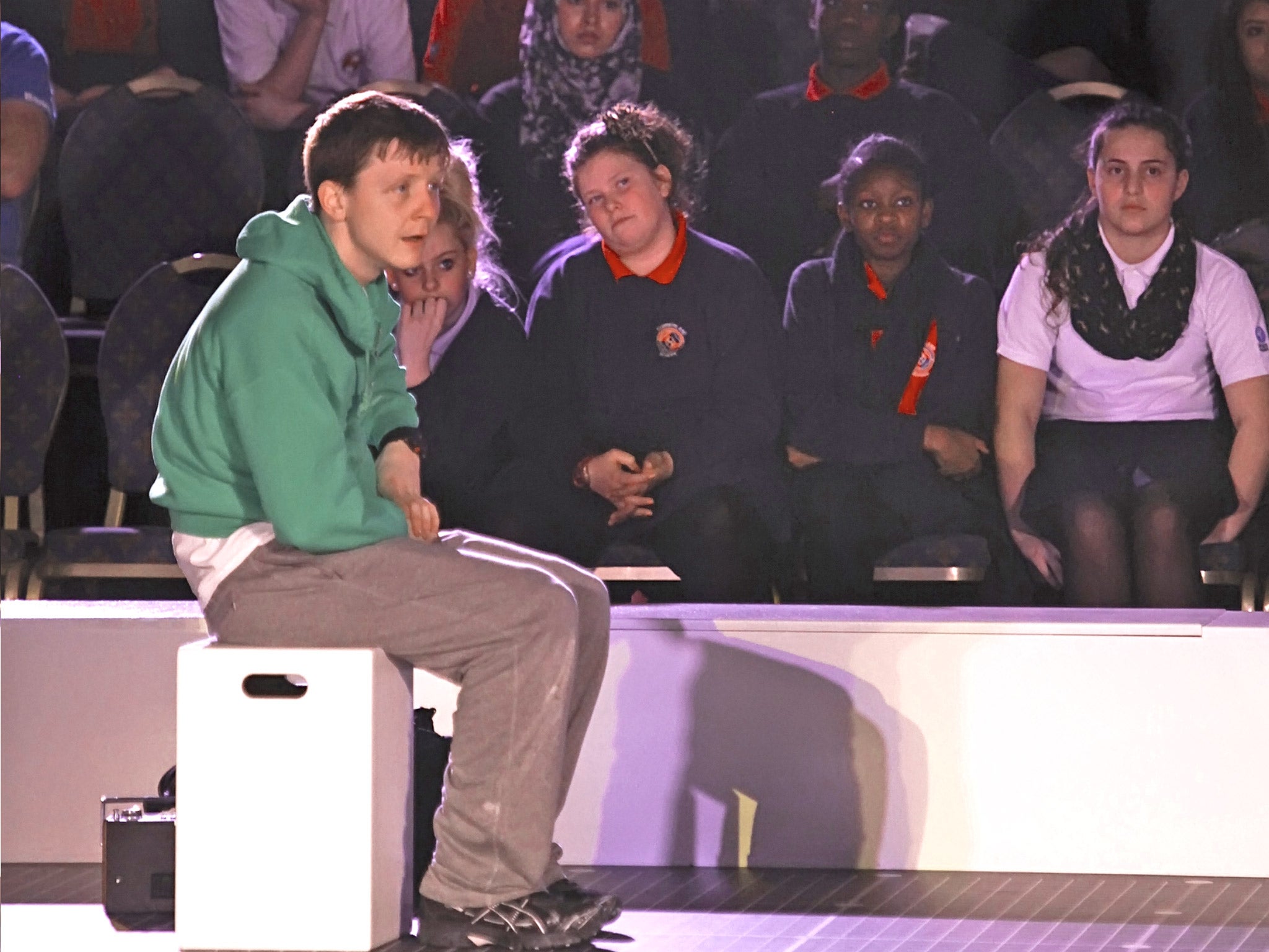 Dramatic twist: Mike Noble performs in ‘The Curious Incident of the Dog in the Night-Time’ in front of some of Newham’s school children