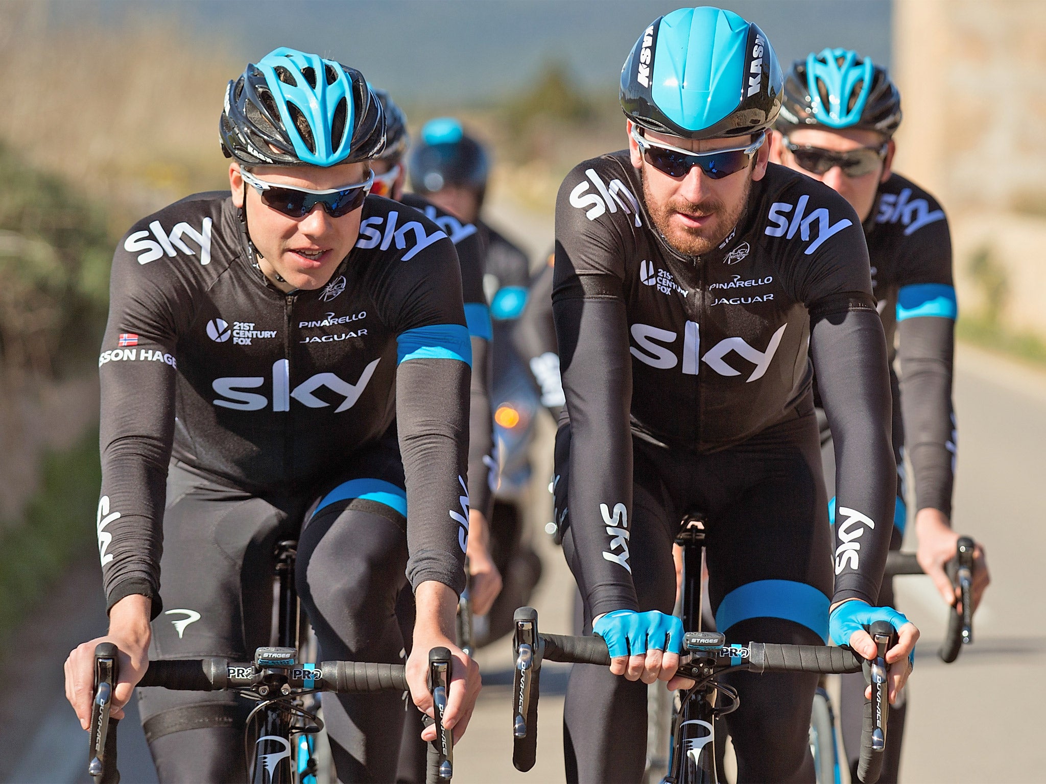 Bradley Wiggins (right) chats to his Sky team-mate Edvald Boasson in Mallorca