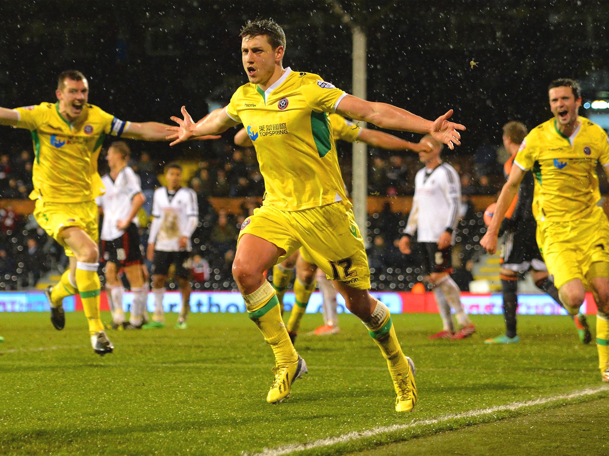 Shaun Miller of Sheffield United celebrates scoring the winning goal