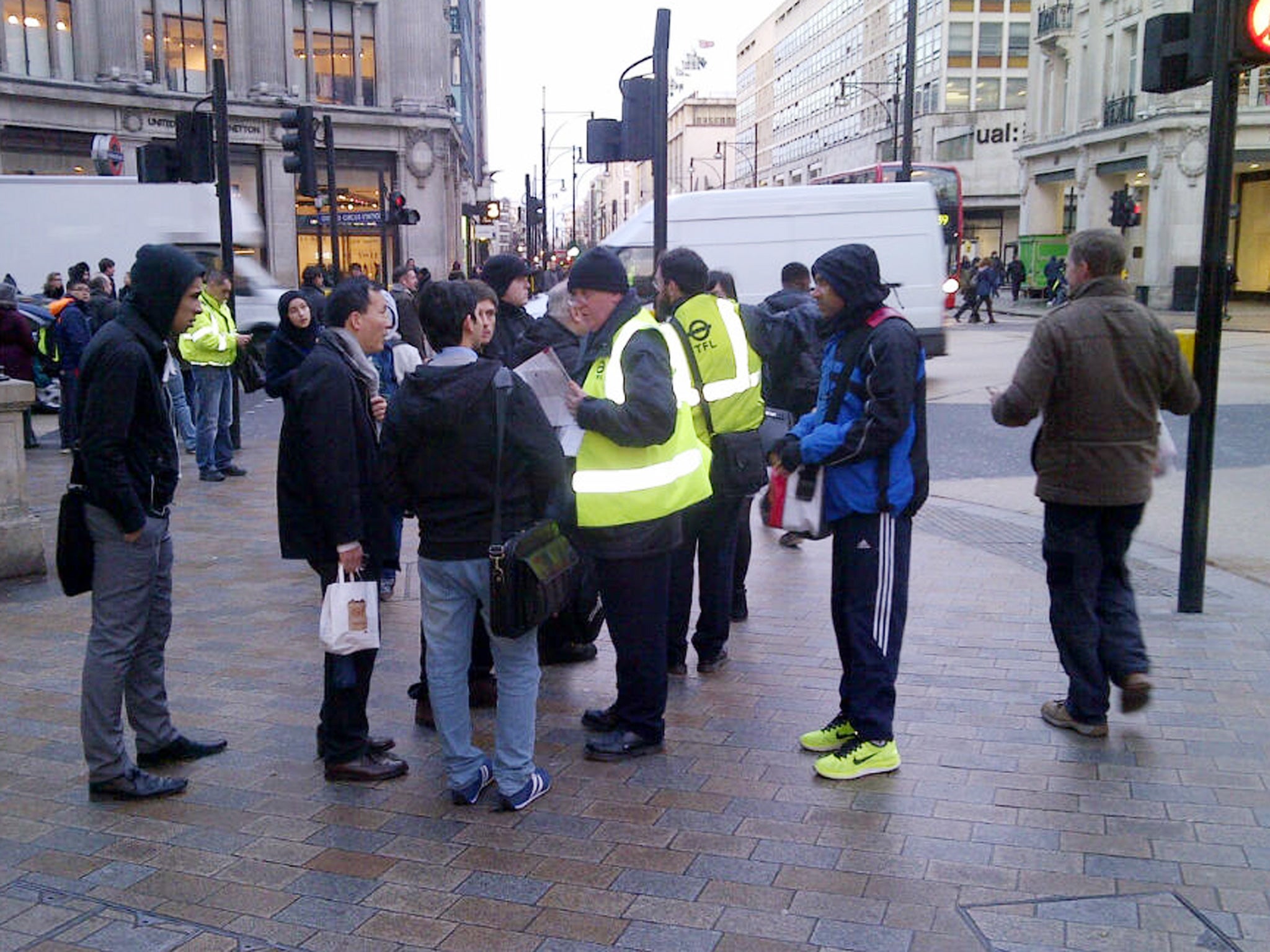 TfL guides helping commuters at Oxford Circus, but they were the only ones I saw. Perhaps they had trouble getting to work...