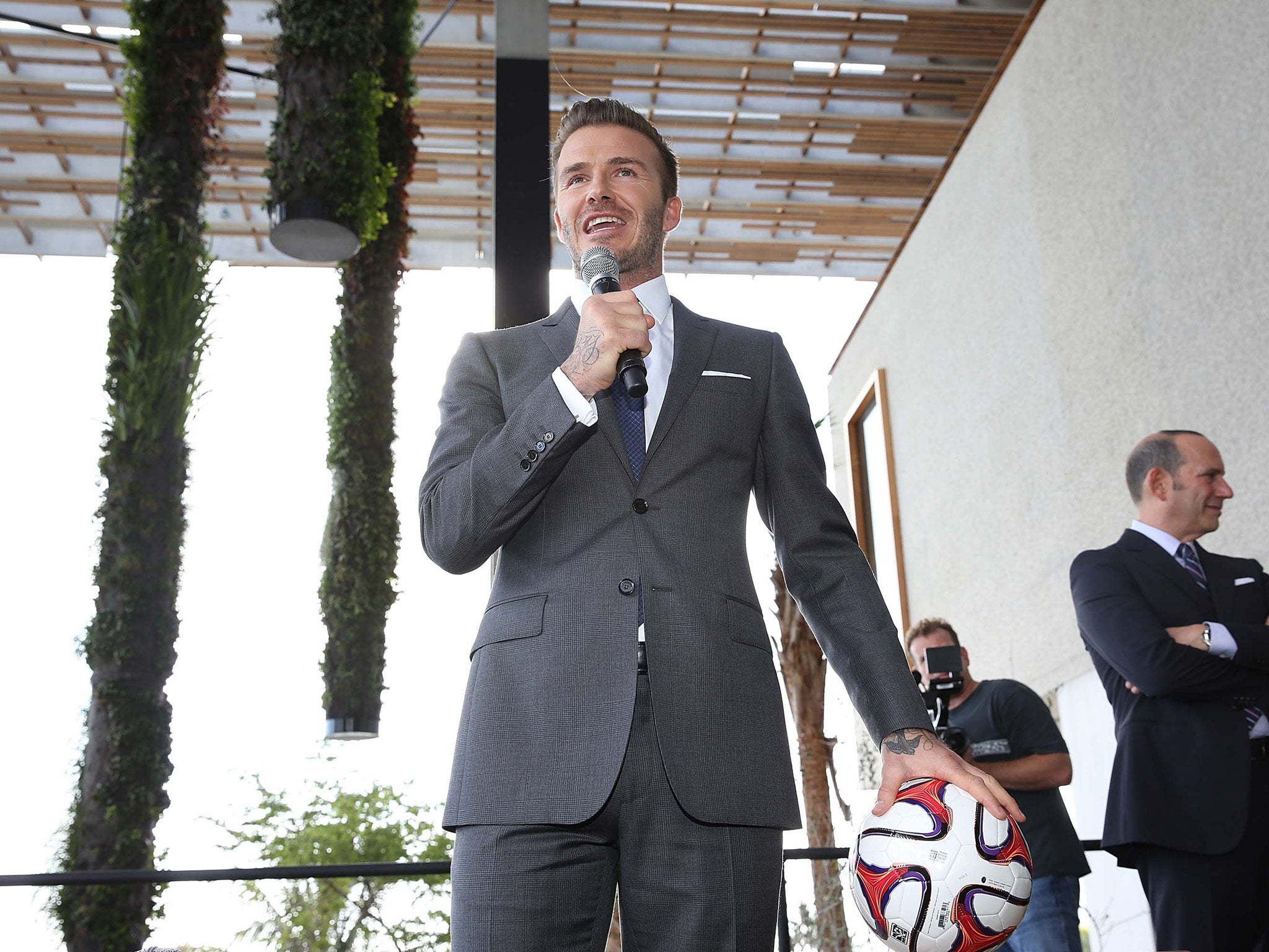 David Beckham attends a press conference to announce their plans to launch a new Major League Soccer franchise
