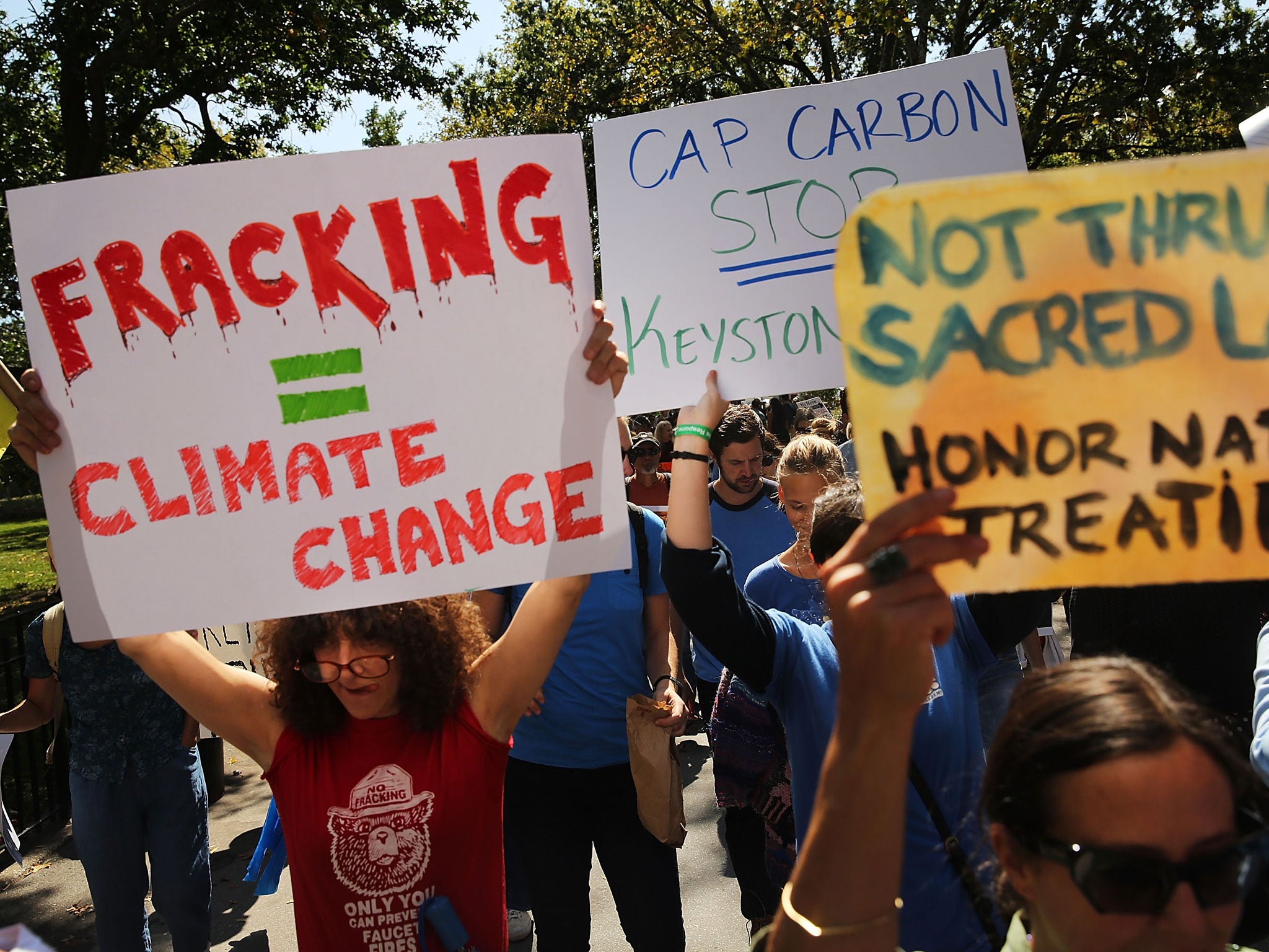 Anti-fracking activists demonstrate in lower Manhattan in 2013 in New York City. A new report into fracking shows that water depletion is occuring in the driest placest in the US.