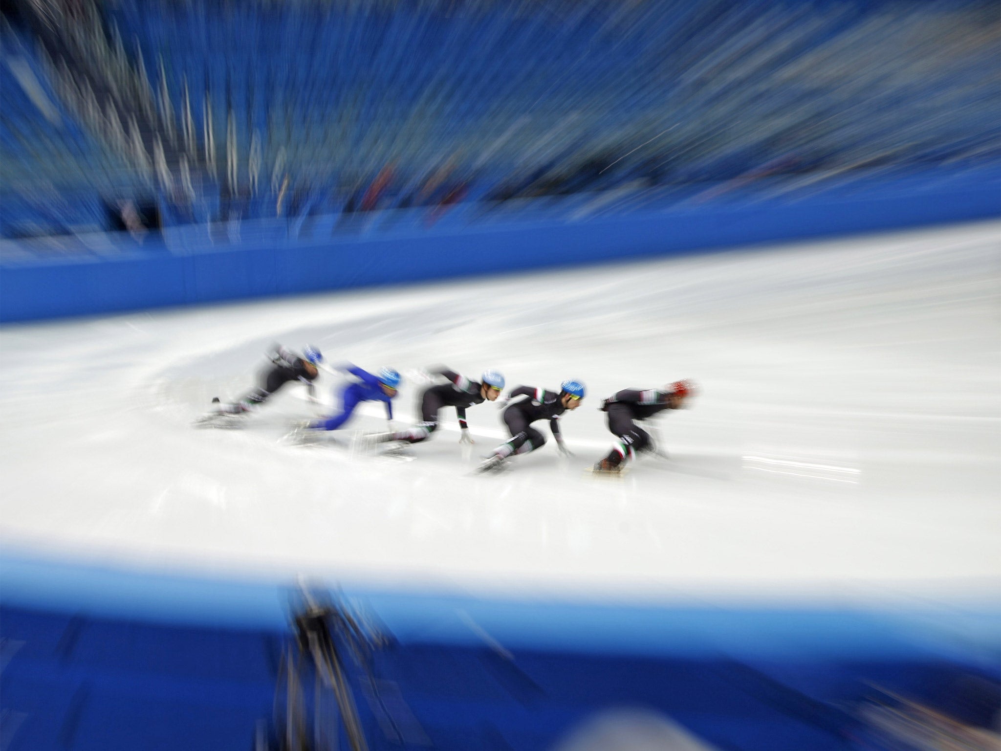 Italy's short track speed skating team train at the Iceberg Skating Palace