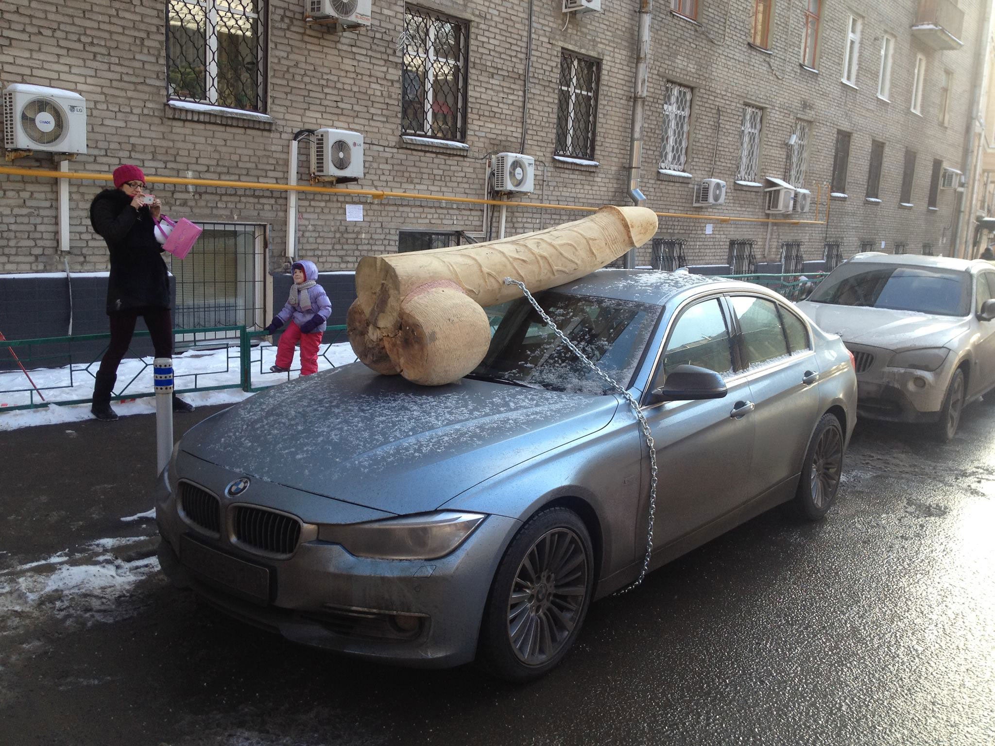 Russian anti-government satirist Arseny Bobrovsky posted this image of his elaborately-vandalised car to Facebook with the message: 'Finally, the day has come when my work has been noticed and appreciated'