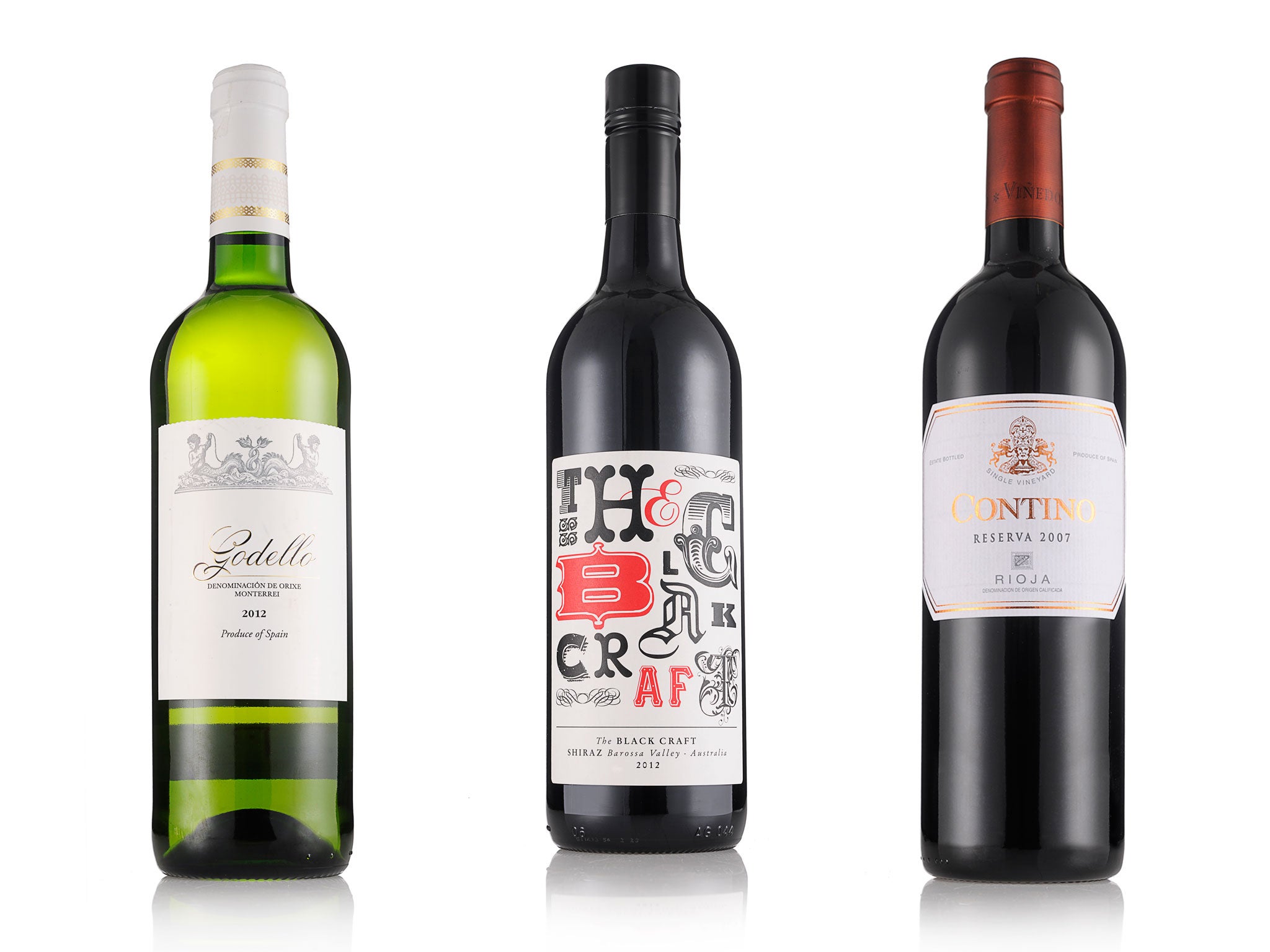 2012 Pazos del Rey Godello , Monterrei; 2012 The Magpie Estate Black Craft Shiraz, Barossa Valley; 2007 Contino Rioja Reserva