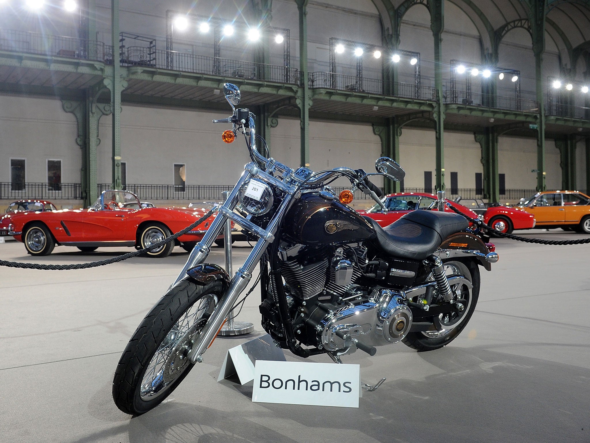 The Harley Davidson, donated to Pope Francis last year and signed by him on its tank, is displayed ahead of Bonham's auction.