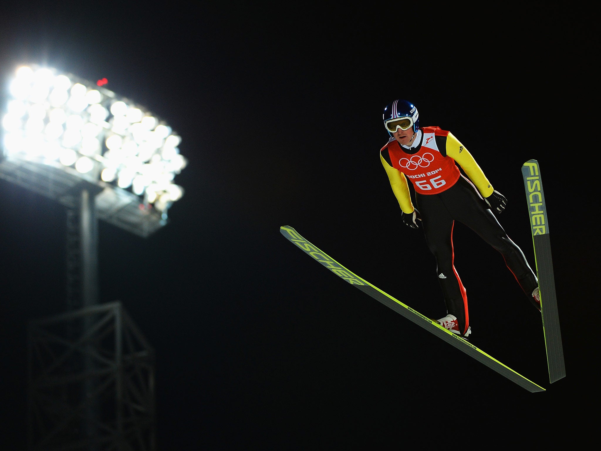 Severin Freund of Germany jumps during the Men's Normal Hill Individual Ski Jumping training