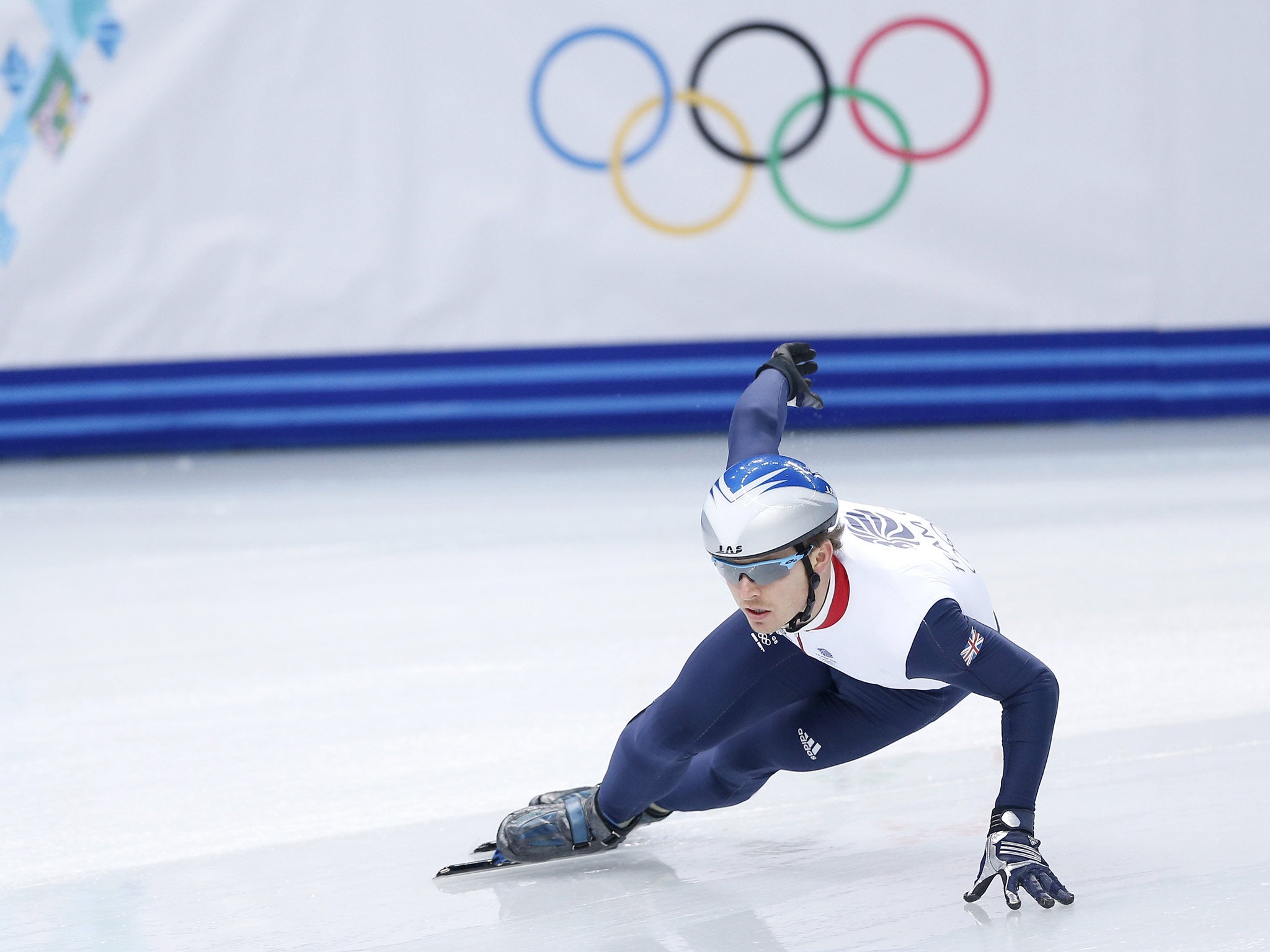 Short track speed skater Richard Shoebridge of Great Britain practices at the Iceberg Skating Palace