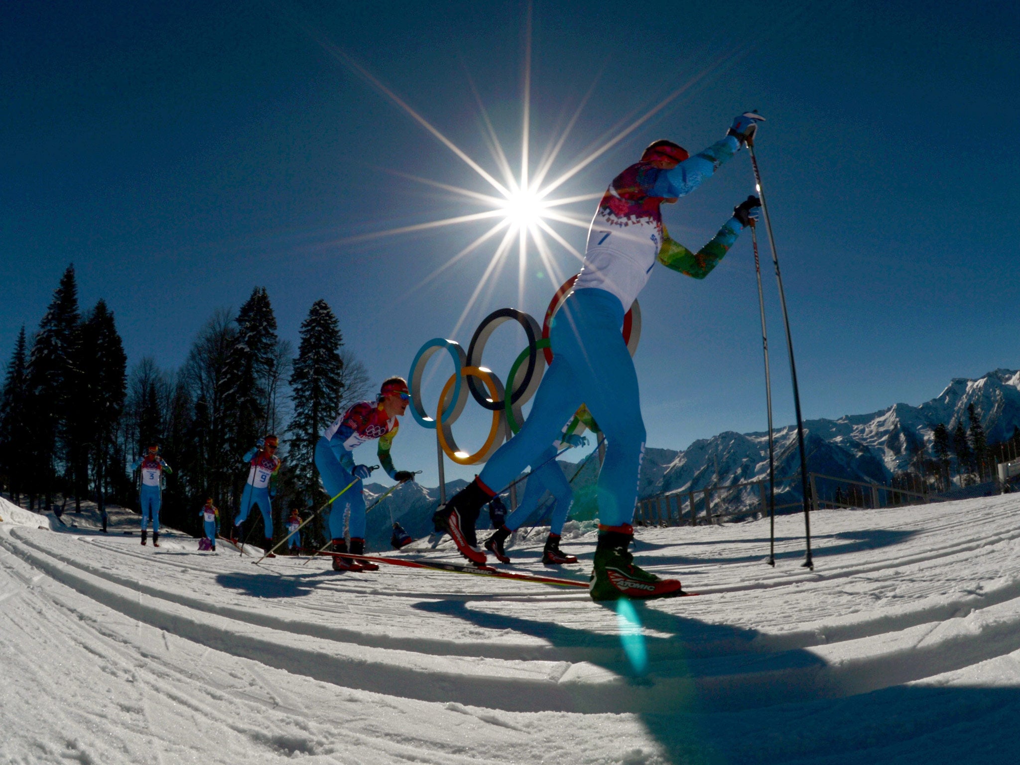 Volunteers skiers take part in the cross-country training session at the Laura Cross Country Skiing and Biathlon Centre in Rosa Khuto