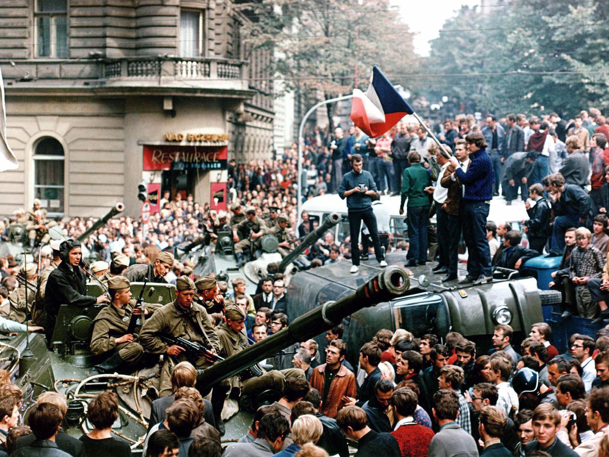 The scene in Prague on 21 August 1968, the day after the Soviet-led invasion by the Warsaw Pact armies