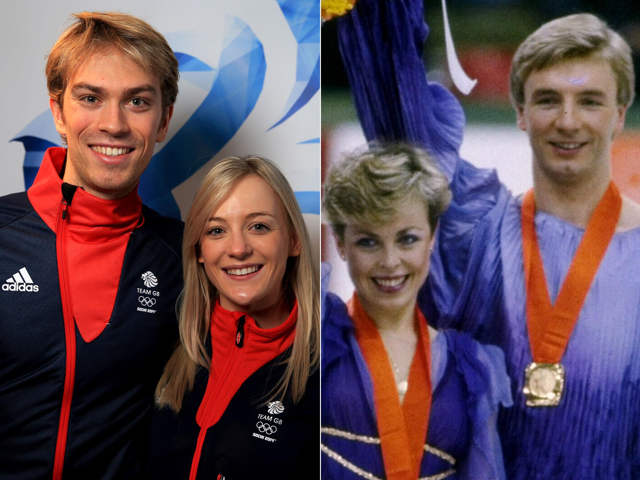 Nicholas Buckland and Penny Coomes (left) and Jayne Torvill and Christopher Dean after winning gold in 1984