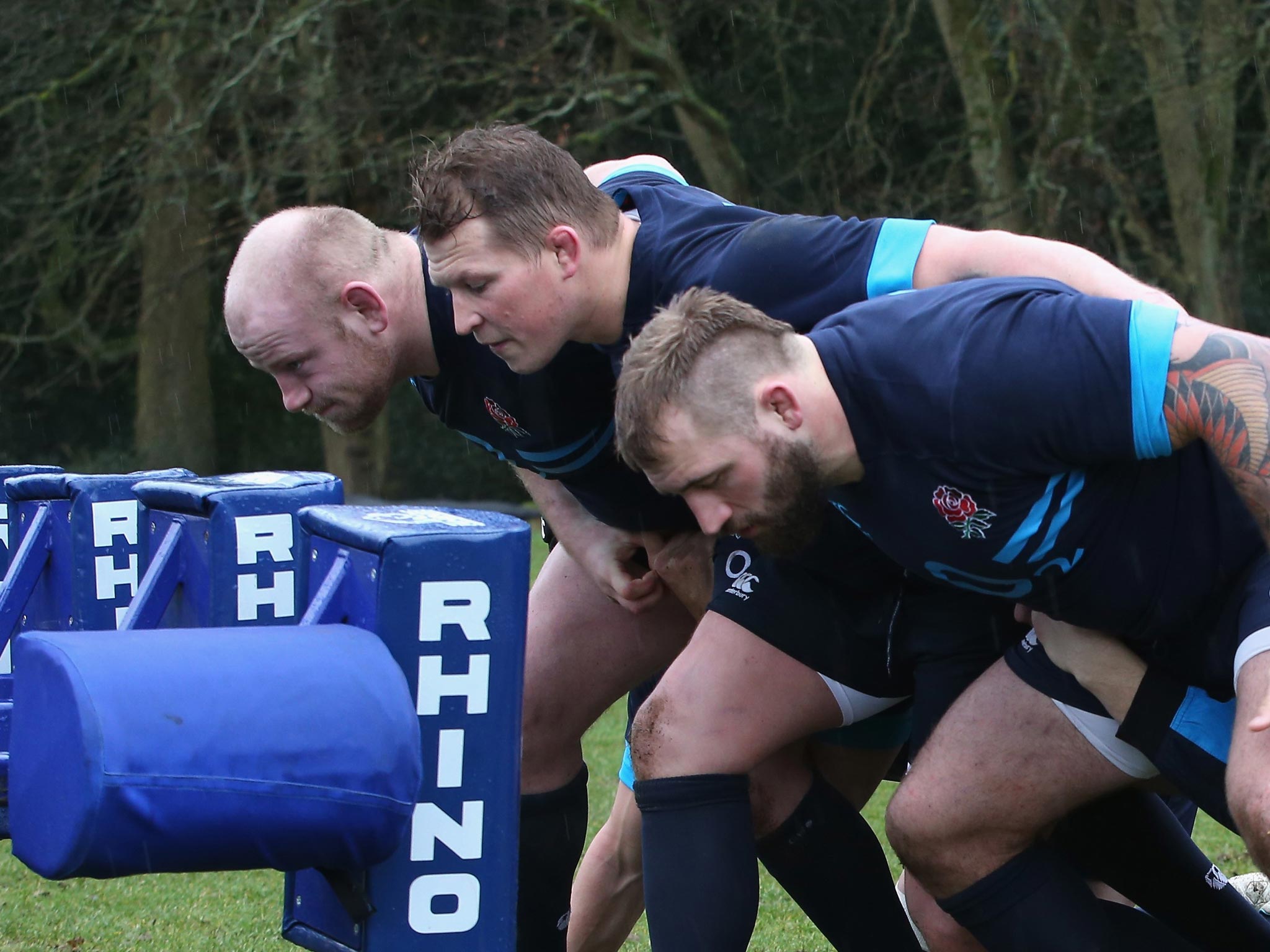 Dan Cole (left), Dylan Hartley and Joe Marler practise their scrummaging this week