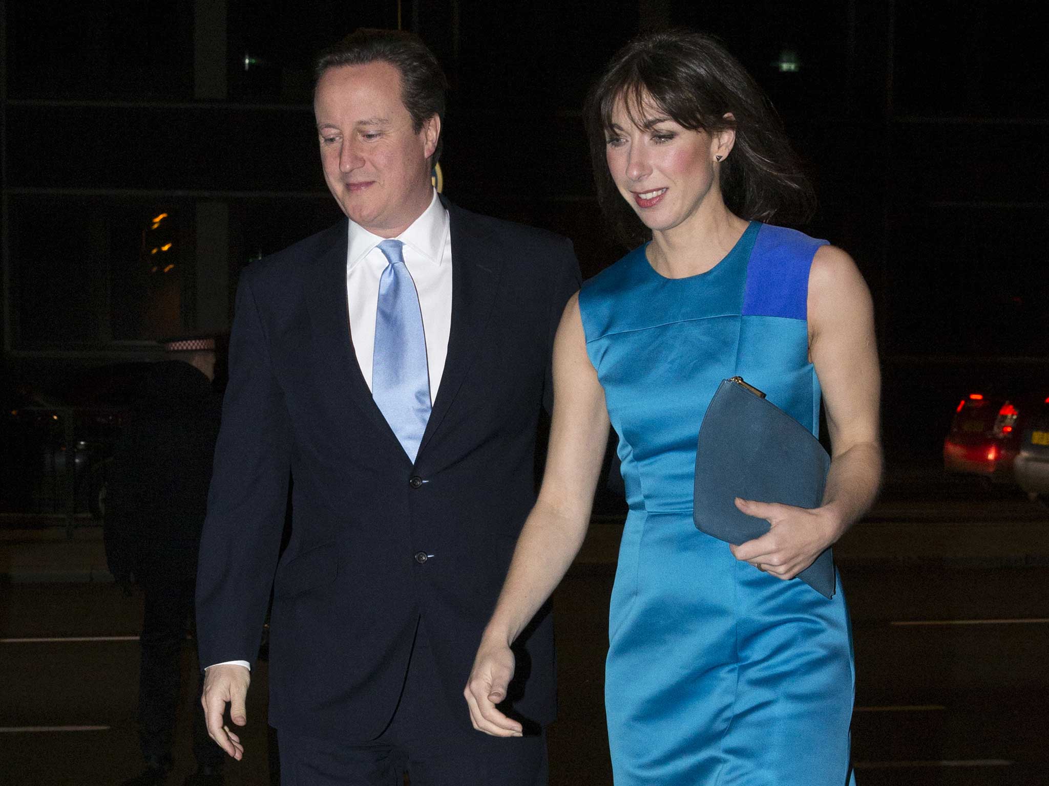 David and Samantha Cameron arriving for dinner at a Conservative party fundraiser