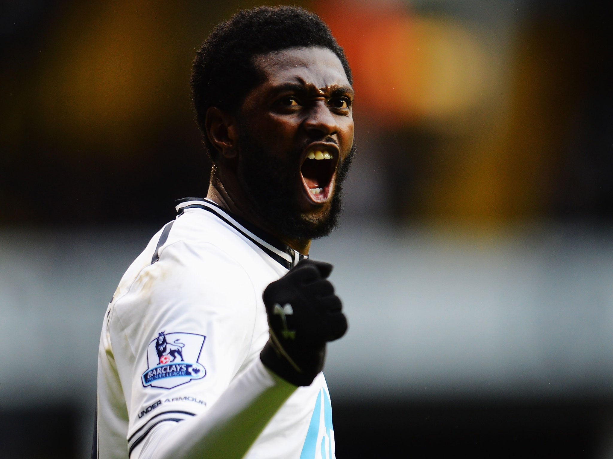 Tottenham striker Emmanuel Adebayor faces his former team Arsenal in the north London derby