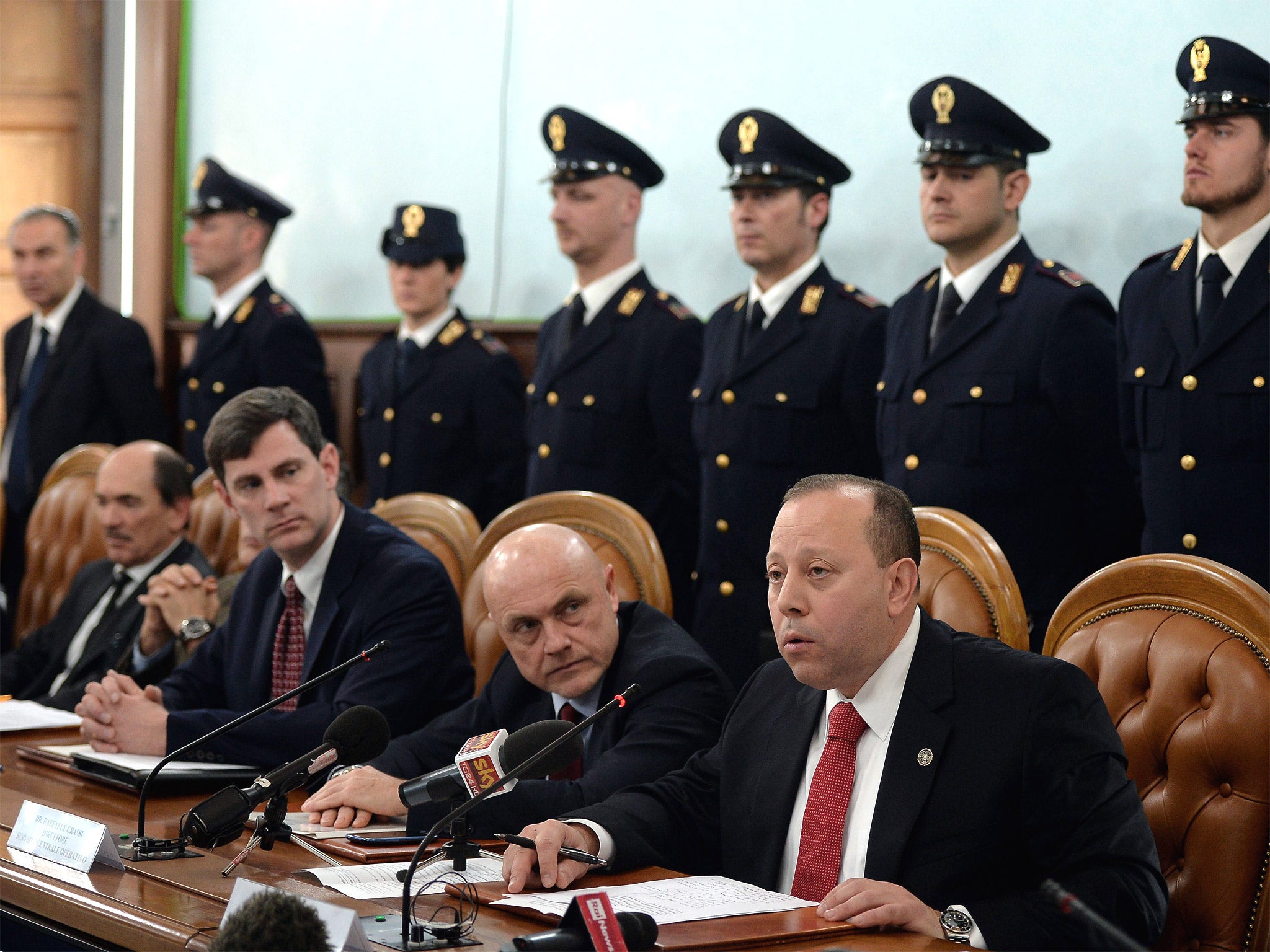 (From right) US Special Agent Leo Taddeo, DDA Director of Central Operations Service Raffaele Grassi, and US prosecutor William Nardini attend a press conference on an anti-Mafia operation with numerous arrests reported on both sides of the Atlantic