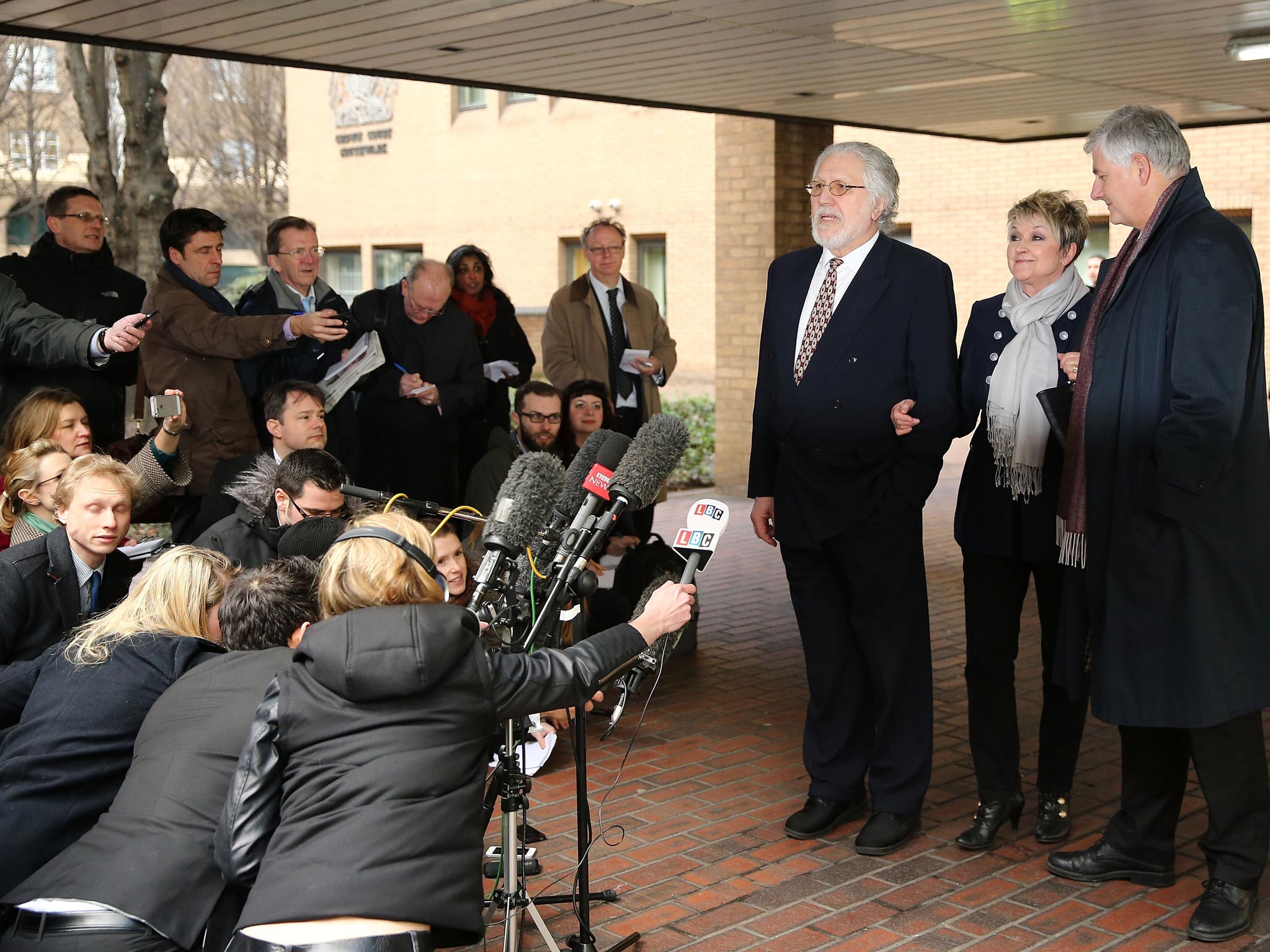 Dave Lee Travis speaks to the media outside Southwark