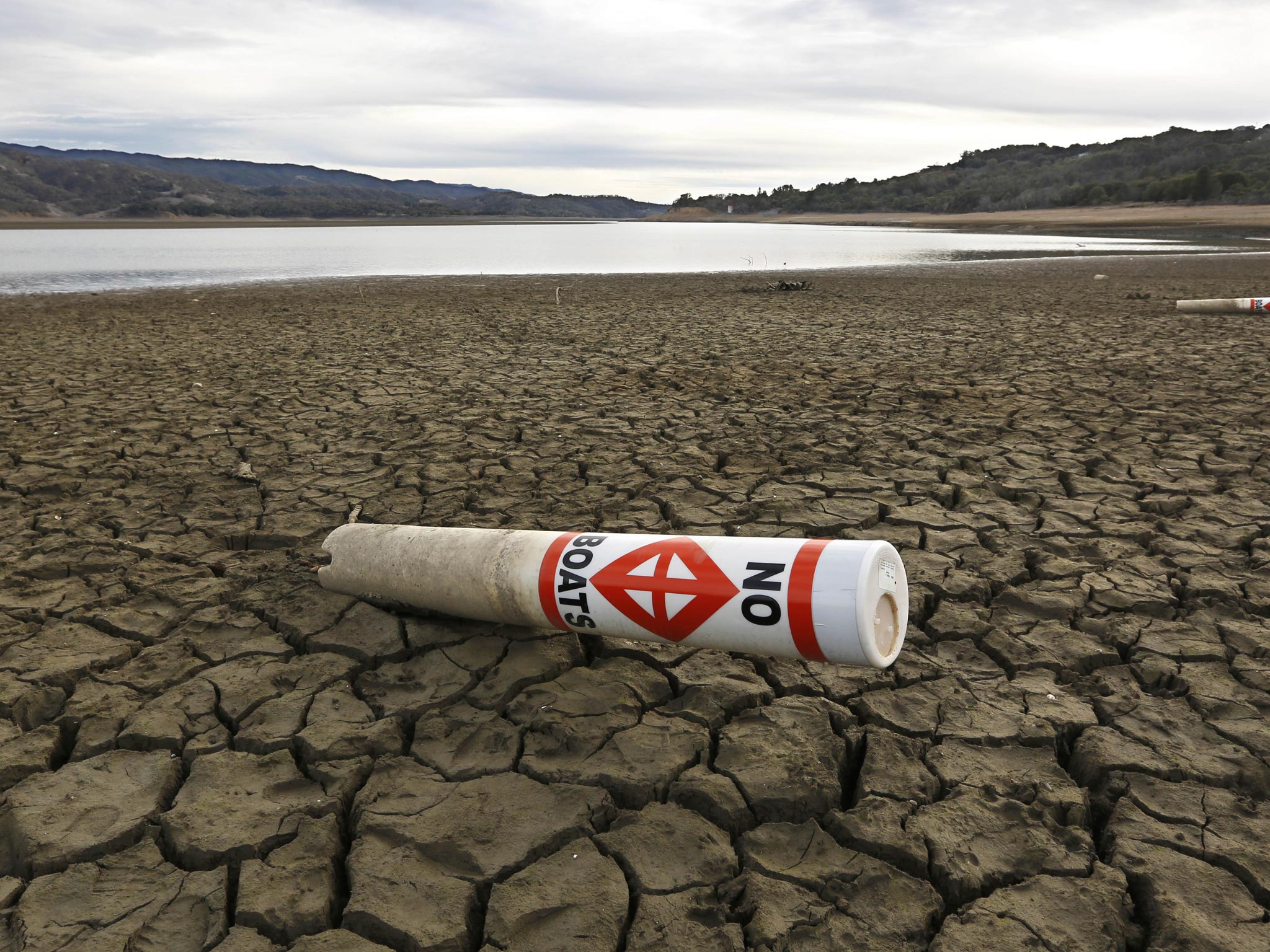 The cracked bed of Lake Mendocino near Ukiah, California – a reservoir currently only about 37 per cent full