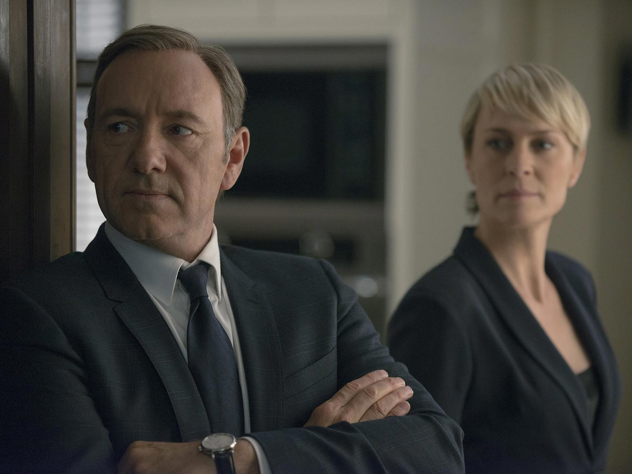 Kevin Spacey as ruthless chief whip Frank Underwood, with his onscreen wife, Robin Wright