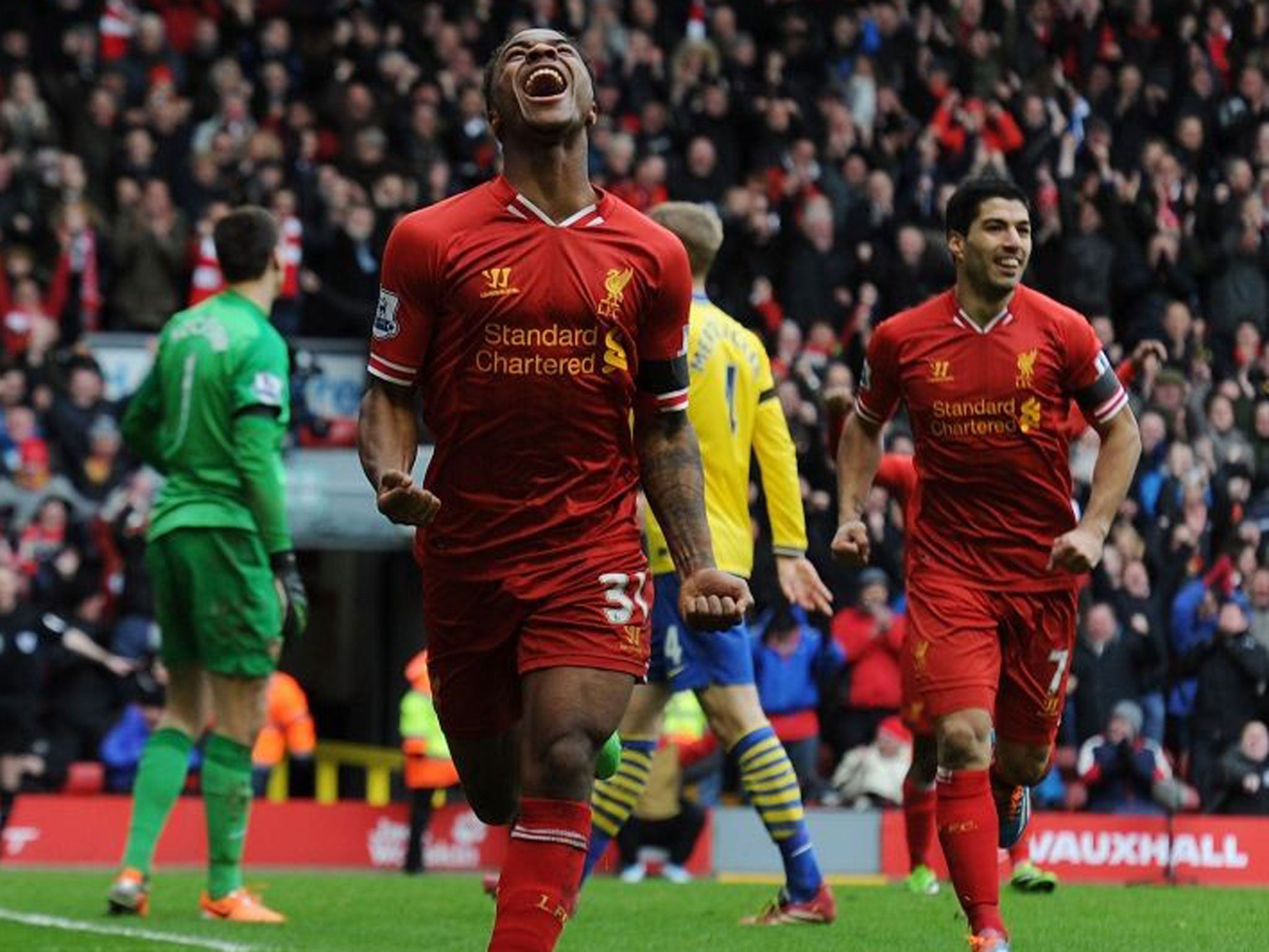 Raheem Sterling celebrates his goal against Arsenal last month