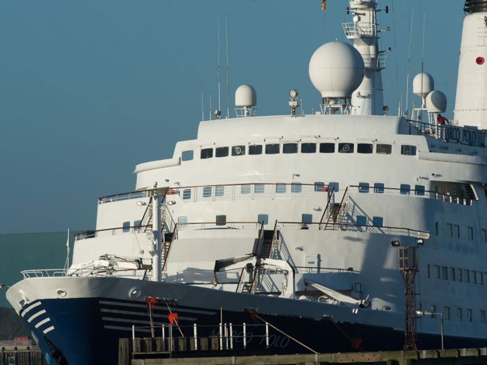 Crew on board the Marco Polo cruise ship operated by Cruise and Maritime Voyages (CMV), docked at Tilbury in Essex, after passenger James Swinstead, 85, a father-of-two from Colchester, Essex, died "almost instantly" after water rushed on board the British cruise ship as it was battered by waves during severe storms