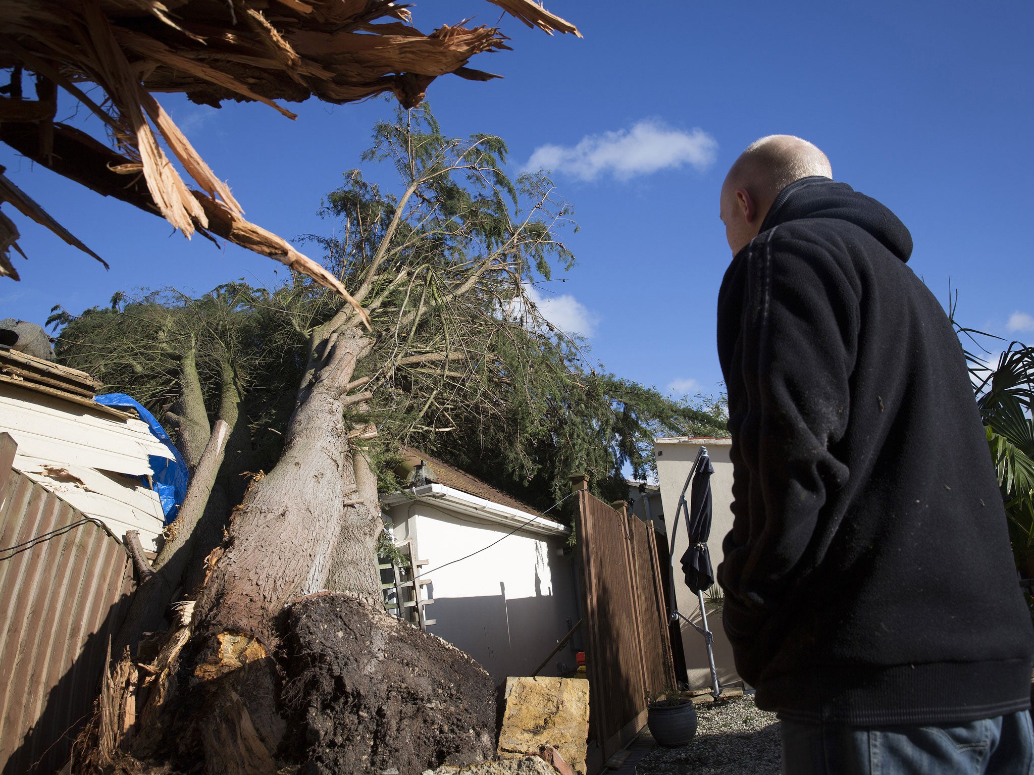 A resident looks at a storm damaged tree as it rests on the roof of a residential property following high winds in Wraysbury
