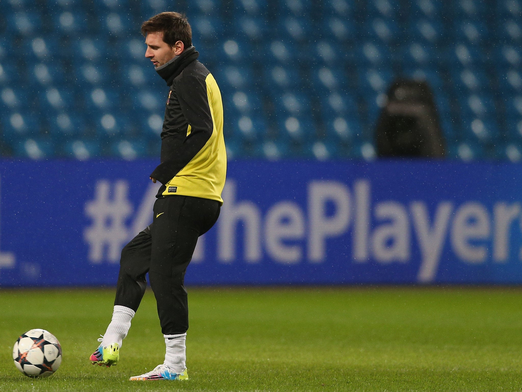 Lionel Messi pictured training at the Etihad