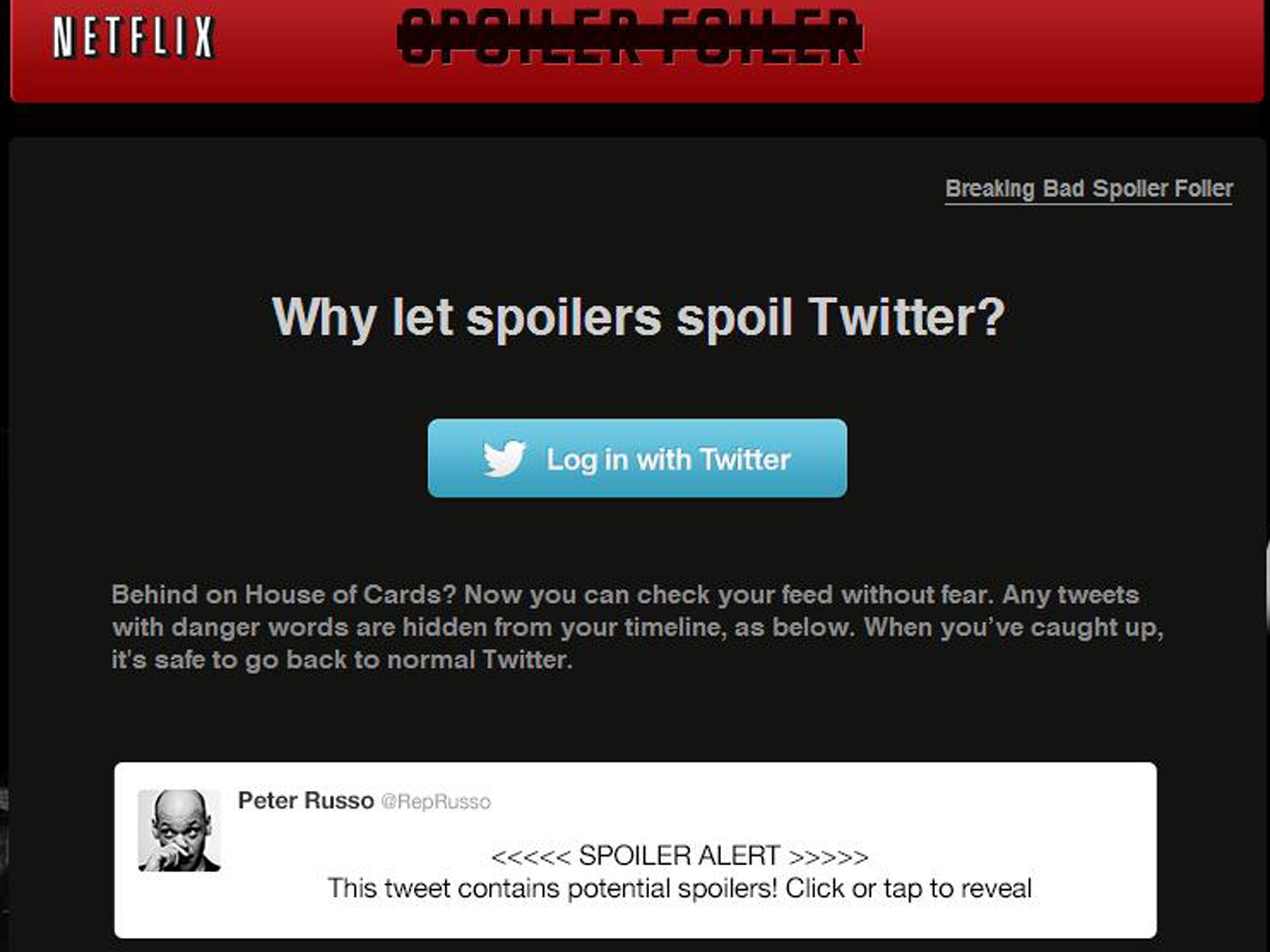 House of Cards fans who visit Netflix's Spoiler Foiler website are met with this screen