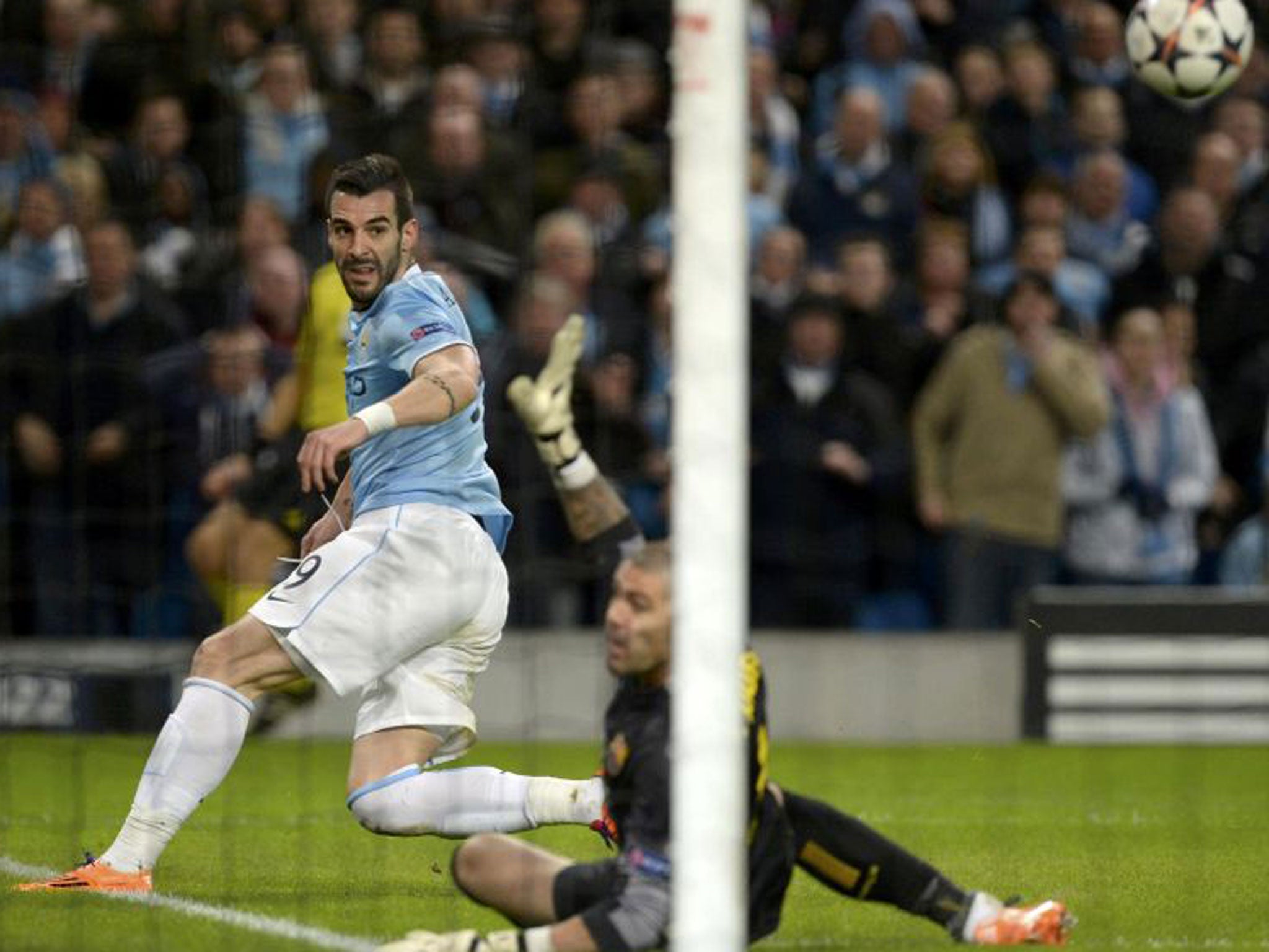 Alvaro Negredo beats Victor Valdes, but also beats the post (AFP)