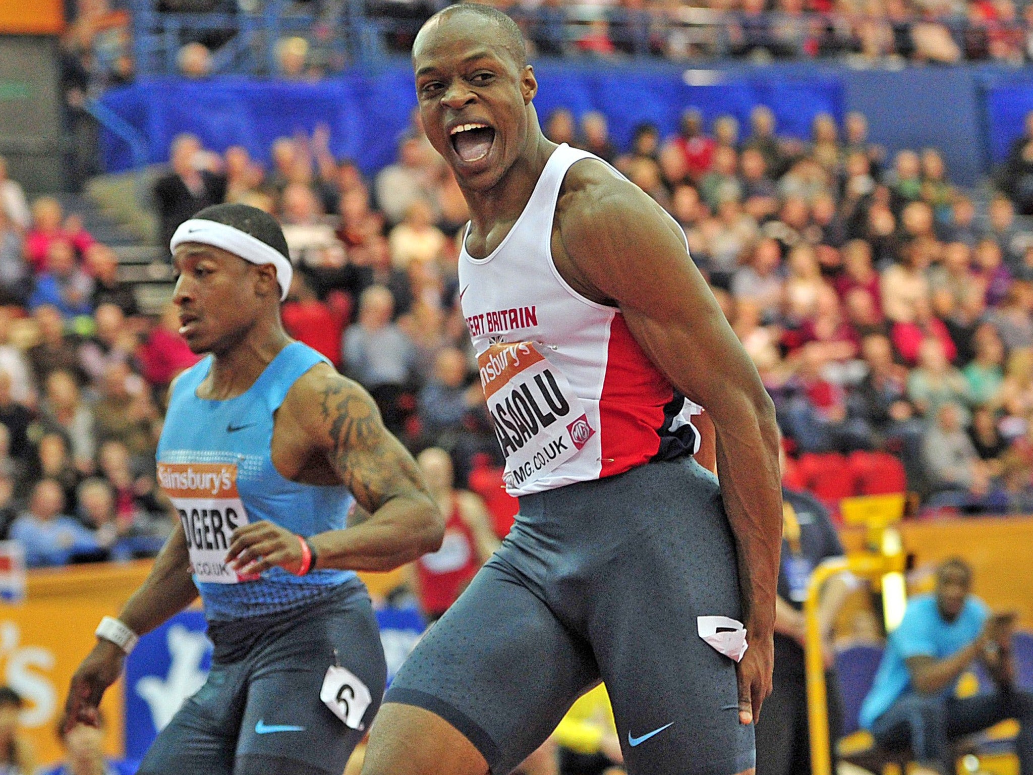 James Dasaolu holds his hamstring after winning the men’s 60m final in Birmingham at the weekend