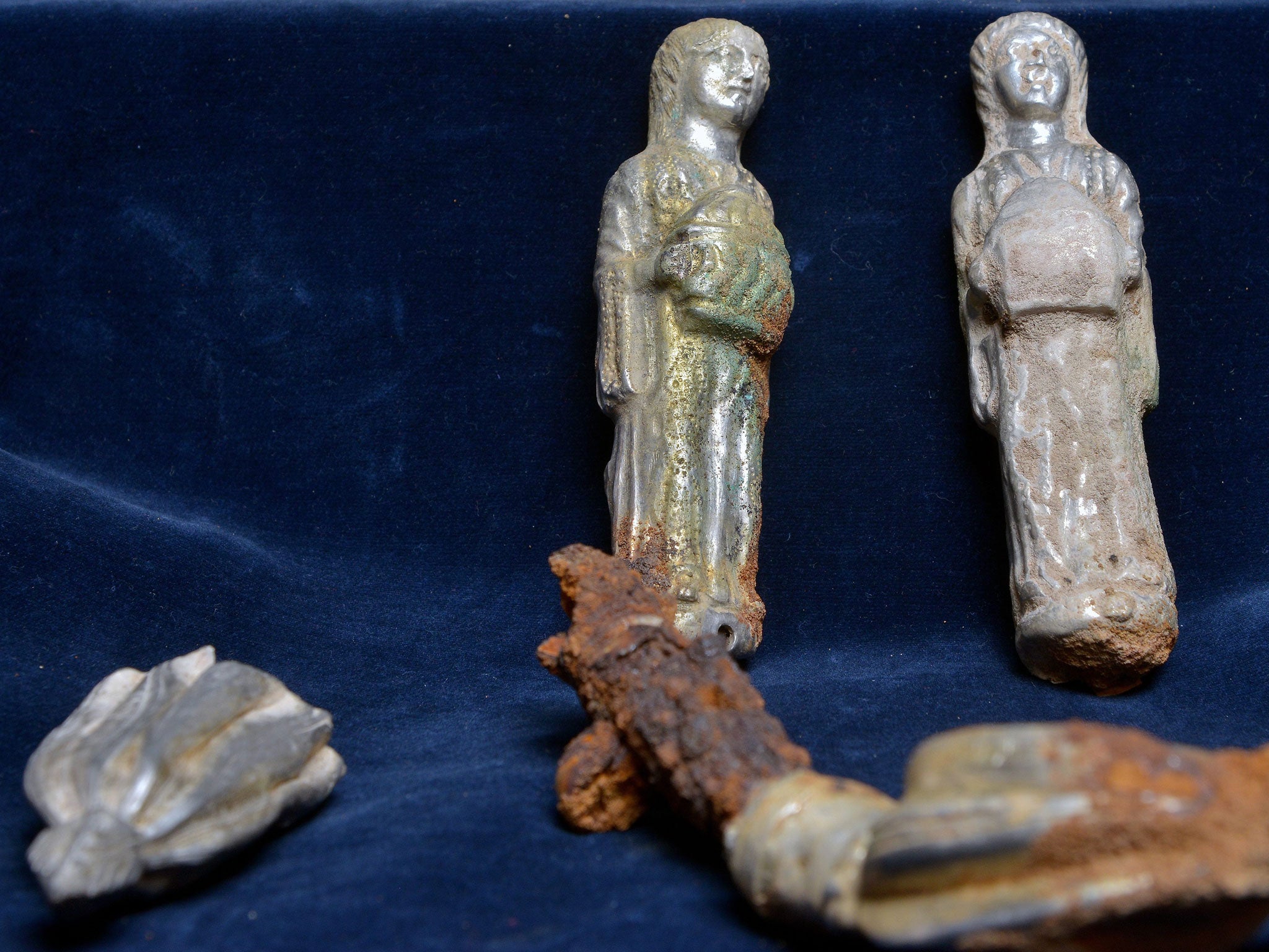 Silver statuettes and metal fittings of a general's chair from late antiquity, which are part of a 'Barbarian Treasure' illegally excavated in the Palatinate