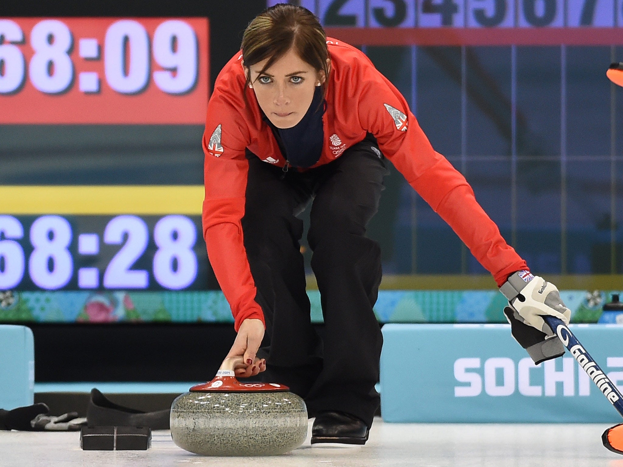 Eve Muirhead in action in the bronze medal match, which Team GB won, beating Switzerland