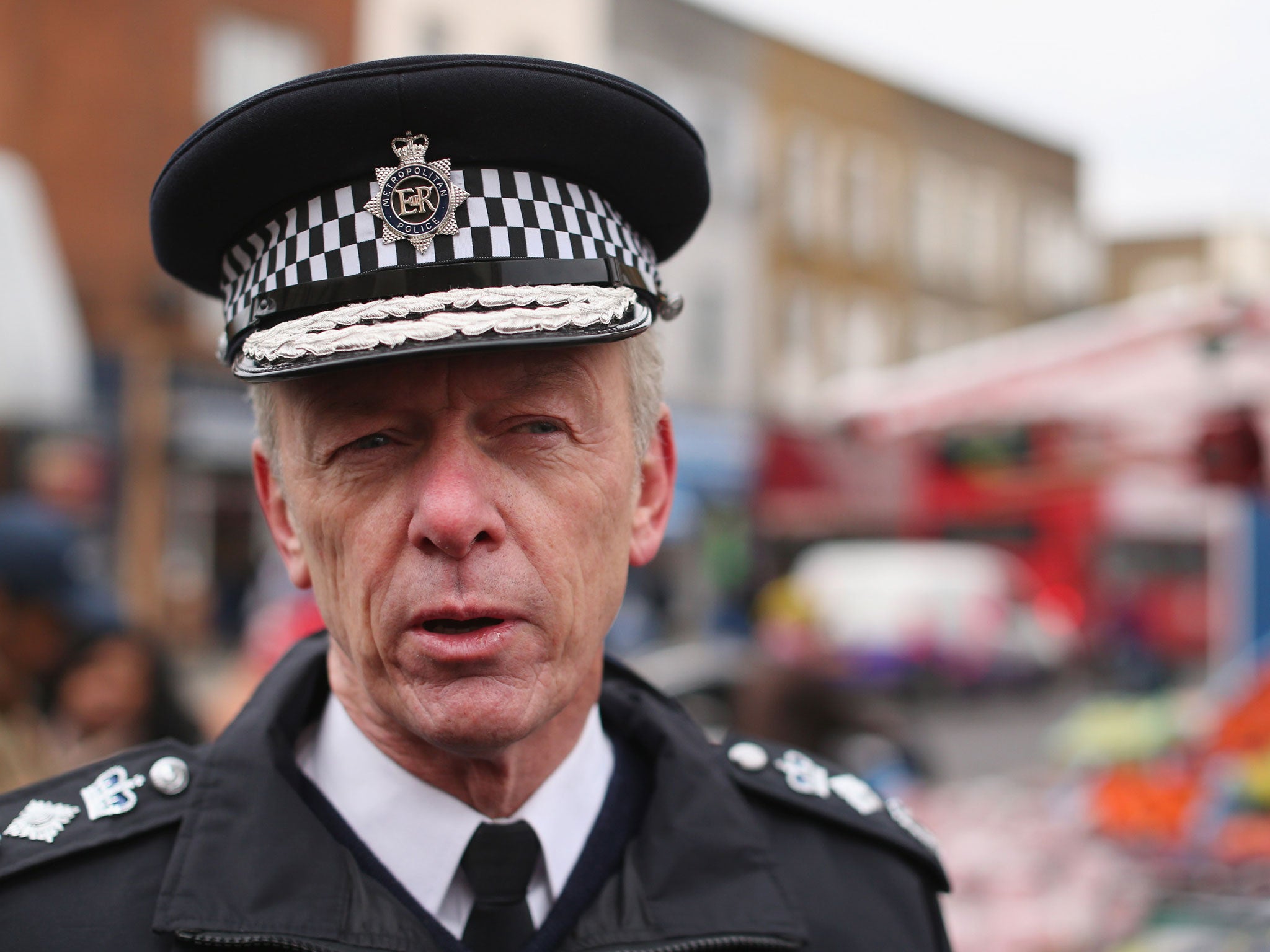 LONDON, ENGLAND - MARCH 25: Metropolitan Police Service Commissioner Sir Bernard Hogan-Howe prepares to meet members of the public in Dalston market on March 25, 2013 in London, England. Boris Johnson, the Mayor of London, was joined by Metropolitan Polic