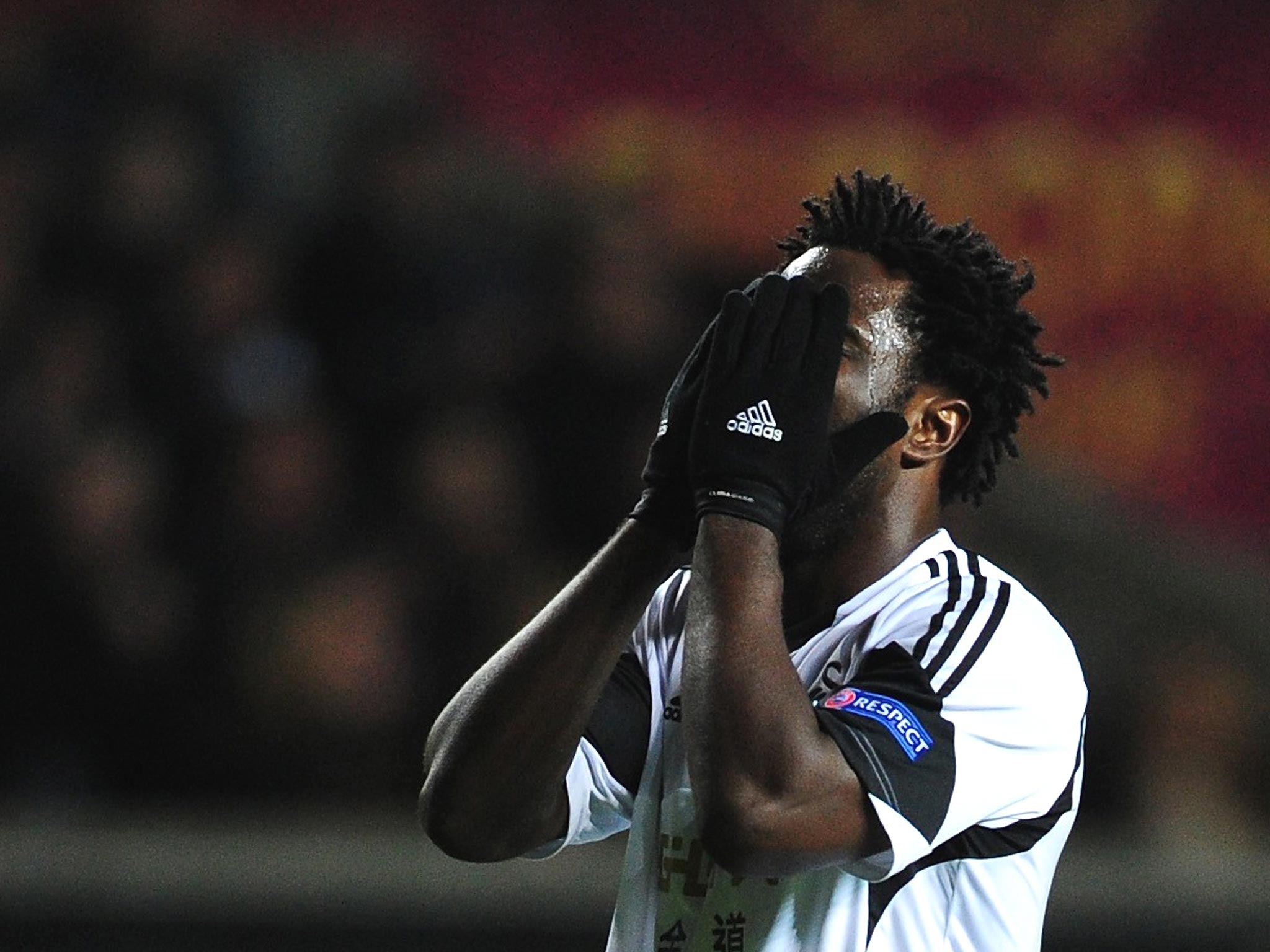 Wilfried Bony can’t believe it after a Swansea near-miss